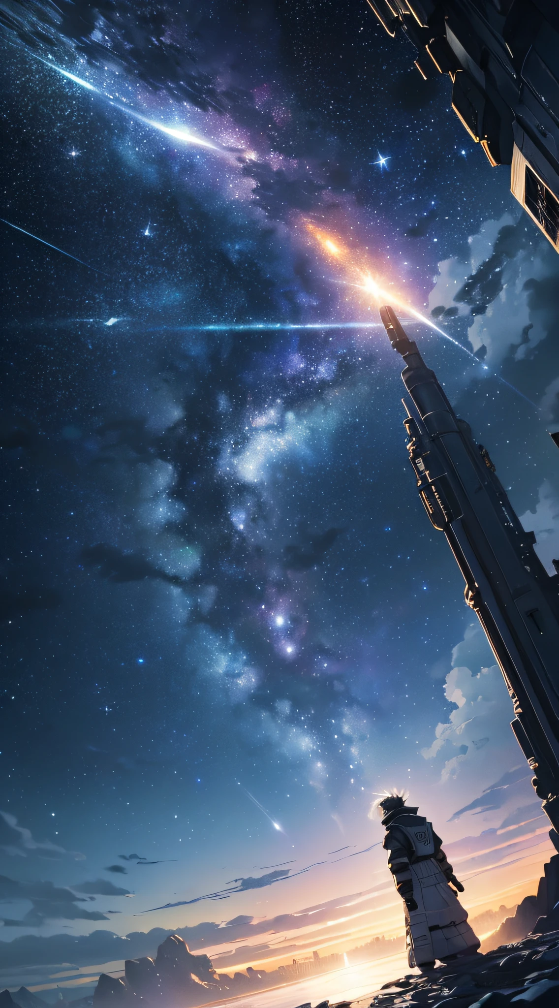 masterpiece、Background with((Fantastic starry sky、meteors、black hole))、Depth((planetes、Luminescent))、Looking up