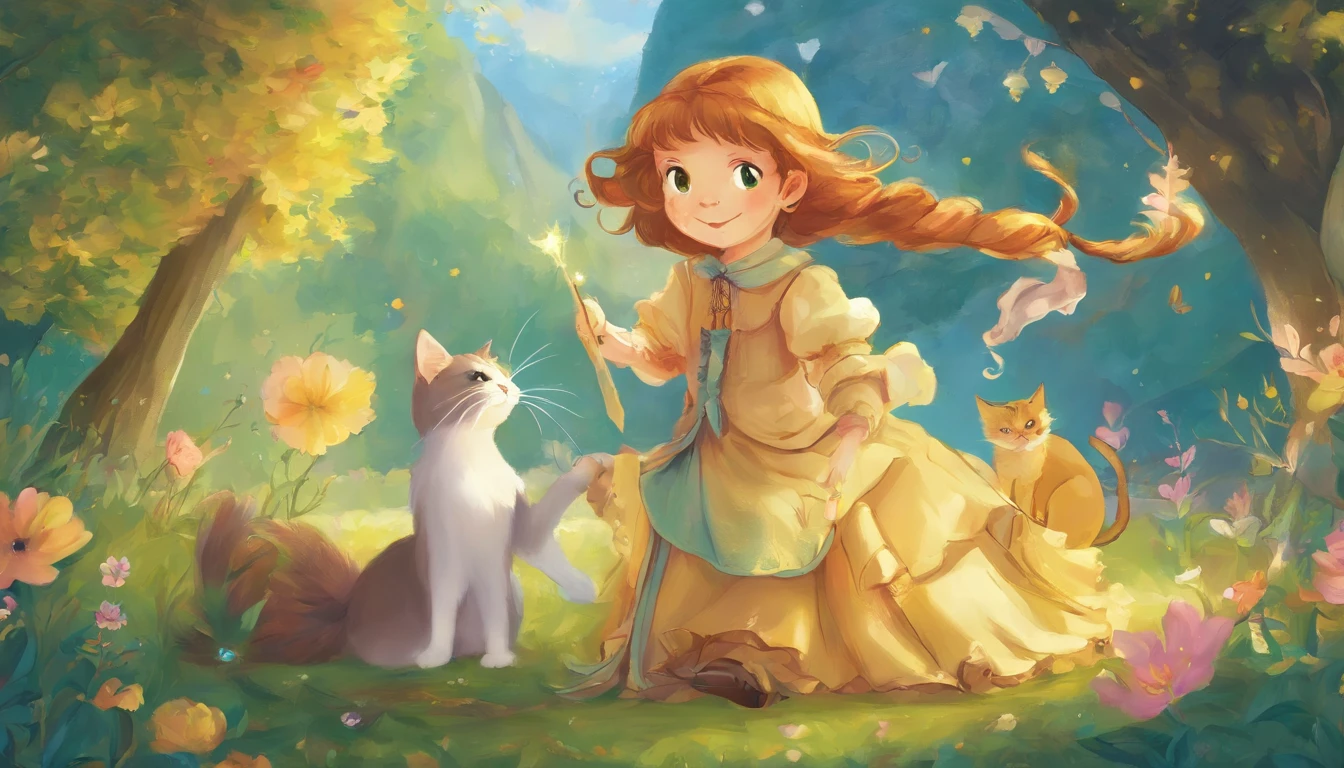 A girl and a cat meet in a sunny park and stare at each other　The girl is 10 years old with chestnut hair　The cat has a light gray color　Fantastic and happy feelings　The overall design is classic.、The color is dark yellow　Picture book illustrations