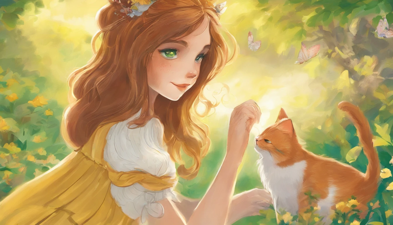 A girl and a cat meet in a sunny park and stare at each other The girl is 10 years old with chestnut hair The cat has a light gray color Fantastic and happy feelings The overall design is classic.、The color is dark yellow Picture book illustrations
