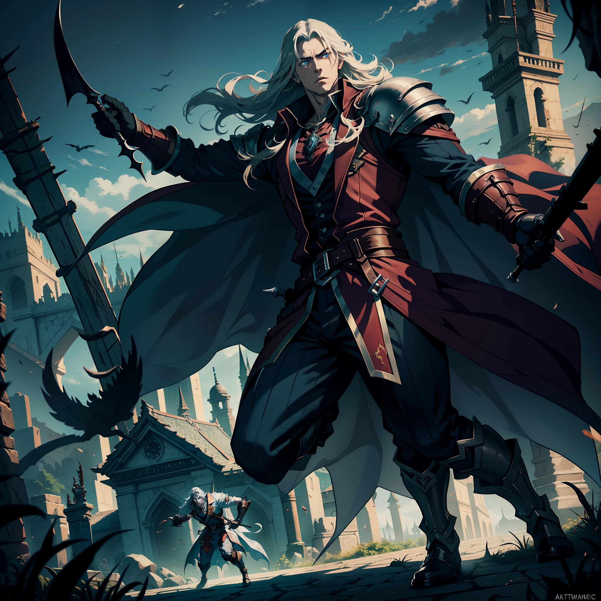 Castlevania Shadow Lord hyper realistic super detailed Dynamic cinematic scenes of men in battle
