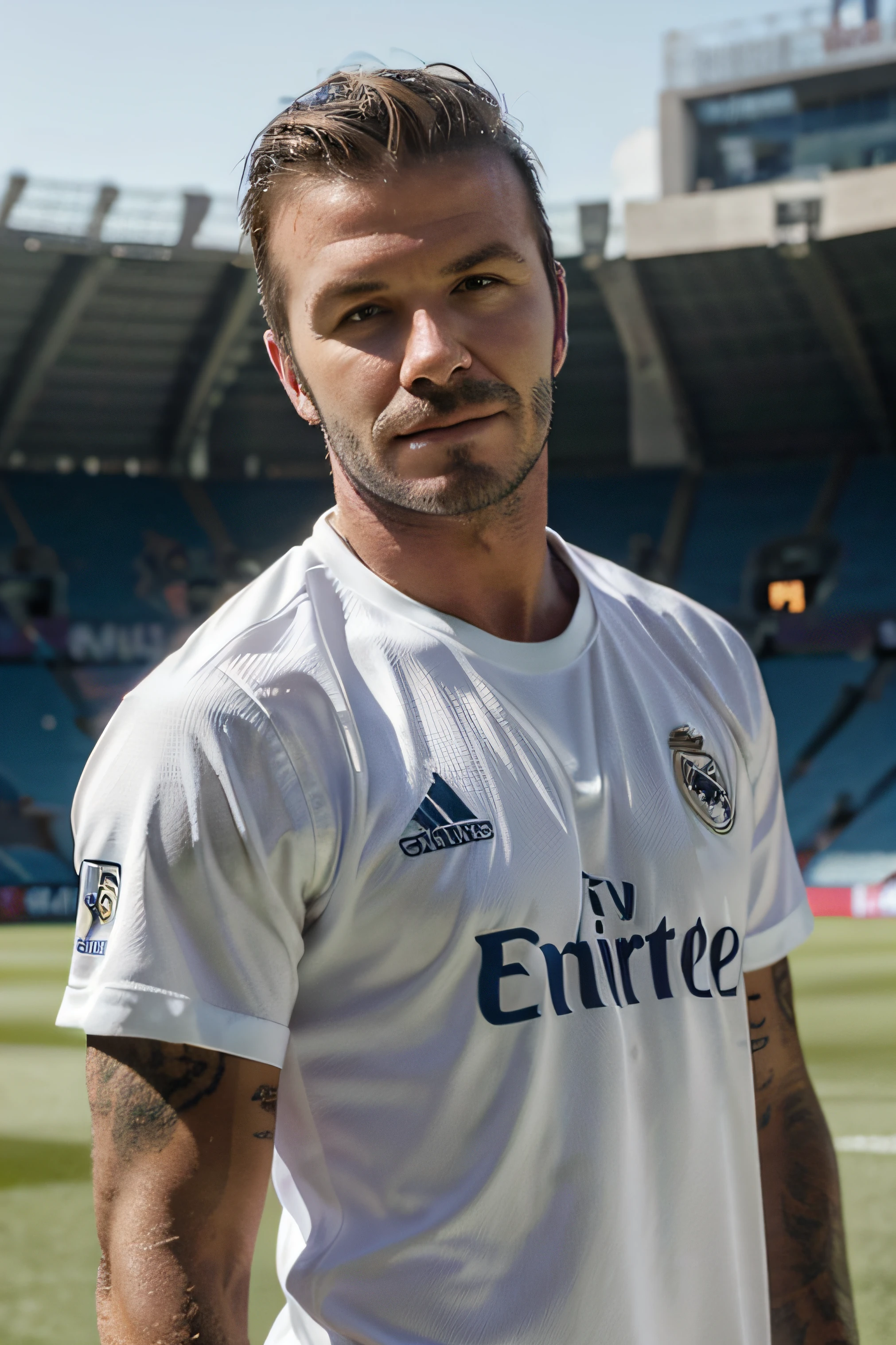 Foto RAW, um retrato aproximado de um homem brutal de 45 anos , pale skinned, corpo esguio, background of city ruins (pele altamente detalhada: 1.2), 8k UHD, DSLR, soft-lighting, alta qualidade, grain of film, Fujifilm XT3, David-Beckham, com camisa do clube REAL MADRID , David Beckham • various poses, no estadio de futebol santiago bernabeu