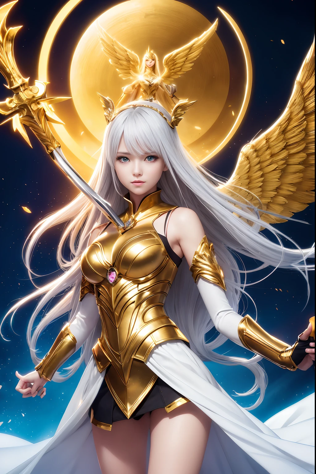 Full body, silver-haired girl, Golden Eyes, Angelic body and face, And golden angel armor in a miniskirt, Wielding a spear, Wear a cloak, sheild, and the Golden Circlet, Sit on the Golden Light Throne, golden wings, Sun, and moon background scene, Magic Circle with Diamond Stars, Innocent smile, Stable diffusion V5, Anime Style V3, Lola Style V5, Dynamic, Image enhancement, Dream Shape, Vibrant, Realistic face, 32K resolution, Upscale, Sharp Focus, Best Quality, masutepiece, GhostMix, Flat color, Flat light.