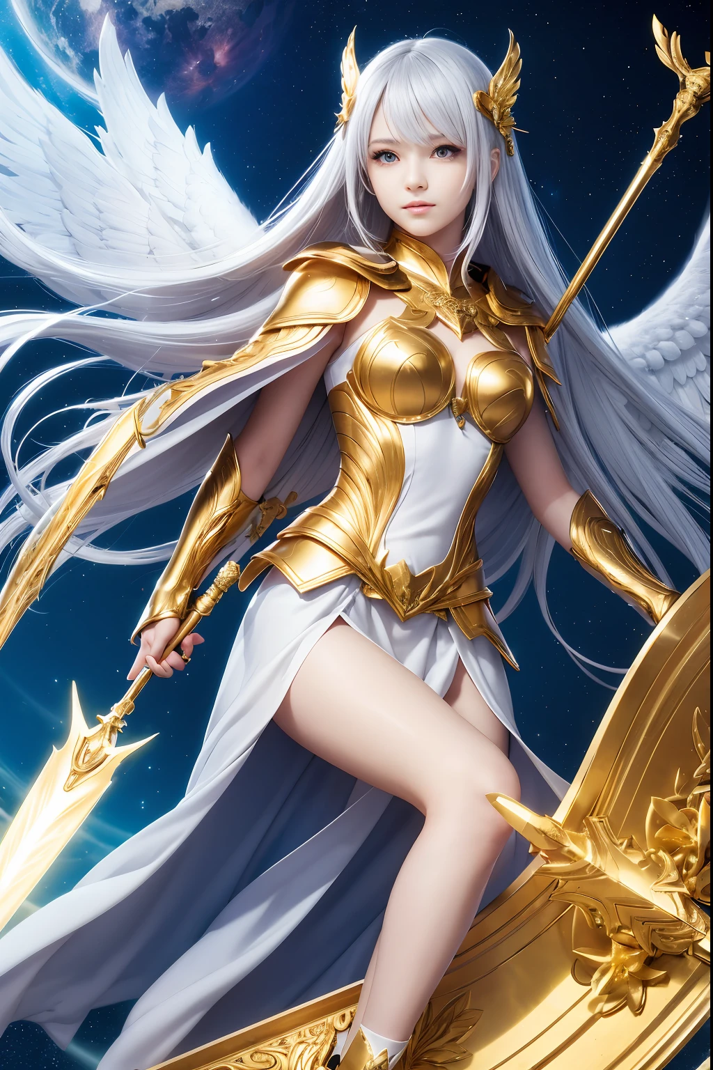 Full body, silver-haired girl, Golden Eyes, Angelic body and face, And golden angel armor in a miniskirt, Wielding a spear, Wear a cloak, sheild, and the Golden Circlet, Sit on the Golden Light Throne, golden wings, Sun, and moon background scene, Magic Circle with Diamond Stars, Innocent smile, Stable diffusion V5, Anime Style V3, Lola Style V5, Dynamic, Image enhancement, Dream Shape, Vibrant, Realistic face, 32K resolution, Upscale, Sharp Focus, Best Quality, masutepiece, GhostMix, Flat color, Flat light.