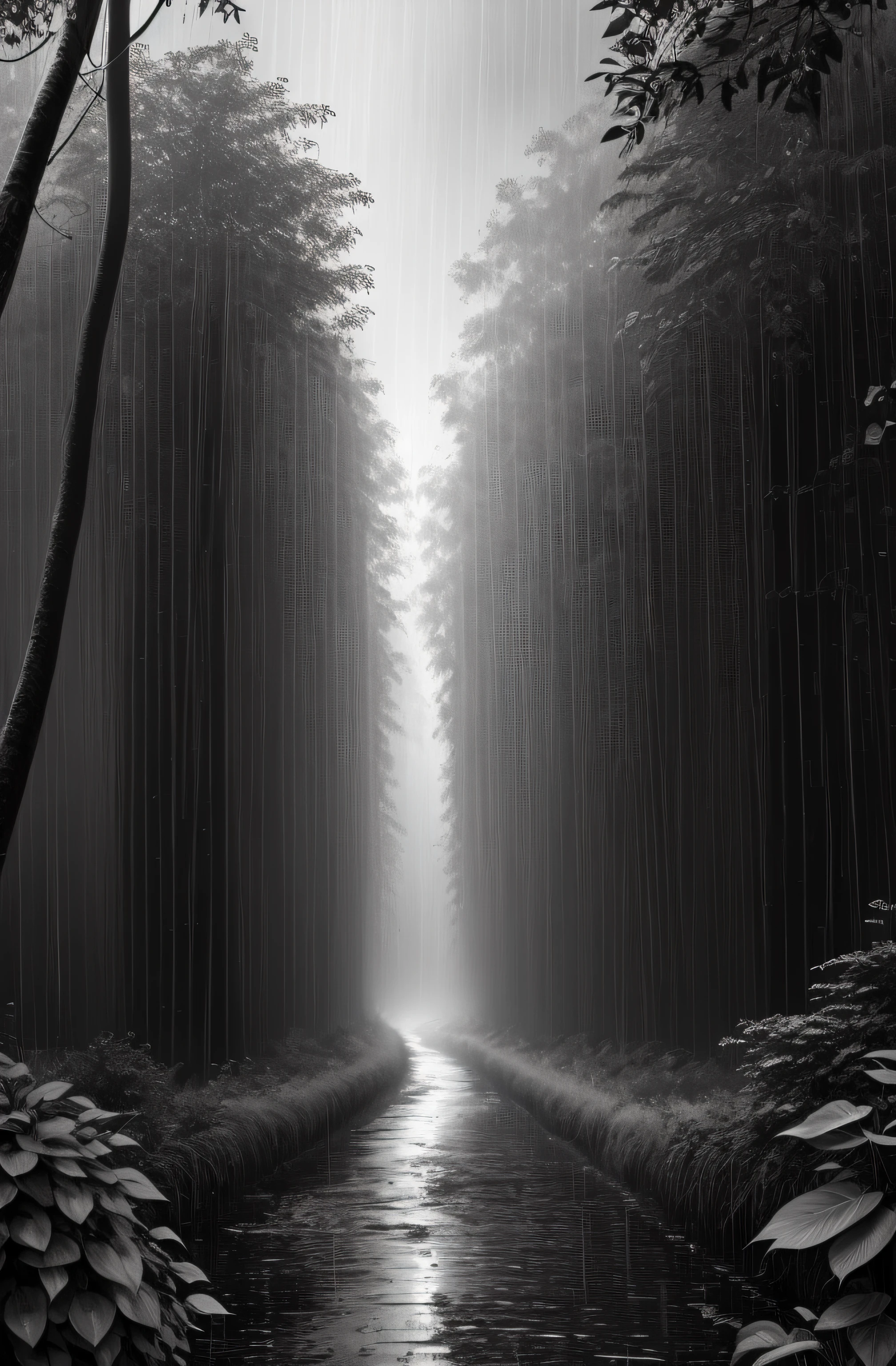 Jungle, with intense rains, monochrome, vines around, giant and wet trees, masterpiece, best quality, high quality, extremely detailed CG unity wallpaper 8k, oil painting, award-winning photography, bokeh, depth of field, HDR, flowering, chromatic aberration, photorealistic, very detailed, popular on artstation, popular in CGsociety, complex, high detail, dramatic, art in the middle of the road, volumetric lighting