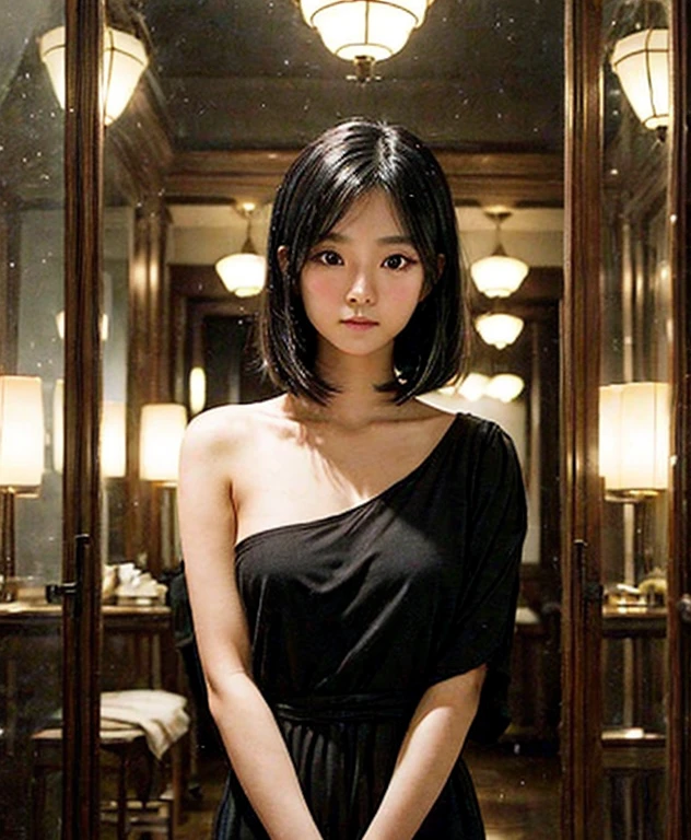 casual time, usual time,A young Asian woman with shoulder-length black hair, in a dark-colored top, posing inside an enchanting room filled with hanging square mirrors reflecting warm bokeh lights, capturing a dreamy and ethereal ambiance. The focus is on her clear, delicate features, with soft makeup, and a subtle, introspective expression. The lighting is soft and warm, creating a magical atmosphere