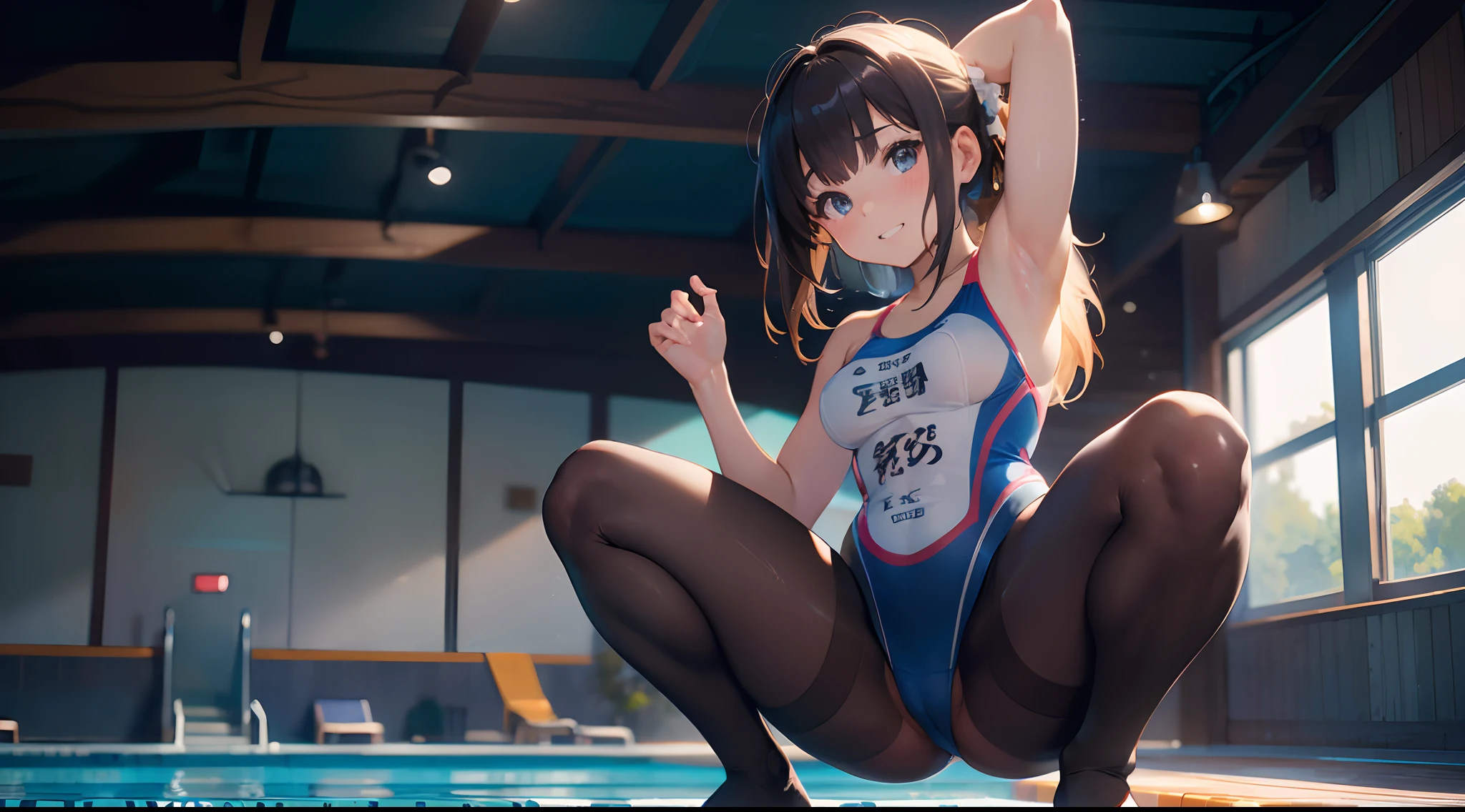 (best picture quality, 4K, high quality, masterpiece::1.2), ((masterpiece)), high detail, high quality, best picture quality, ((high quality, nsfw,  showing armpits, embarrassed, spread legs, squatting)), cute, ( girl in a competition swimsuit with pantyhose at poolside in the indoor pool), full body, loli, shorheight, medium breasts, bokeh, DOF, Portrait, evil grin, open stance, (cute illustration:1.2), high-resolution, ultra-detailed, best-quality, bare-shoulder,