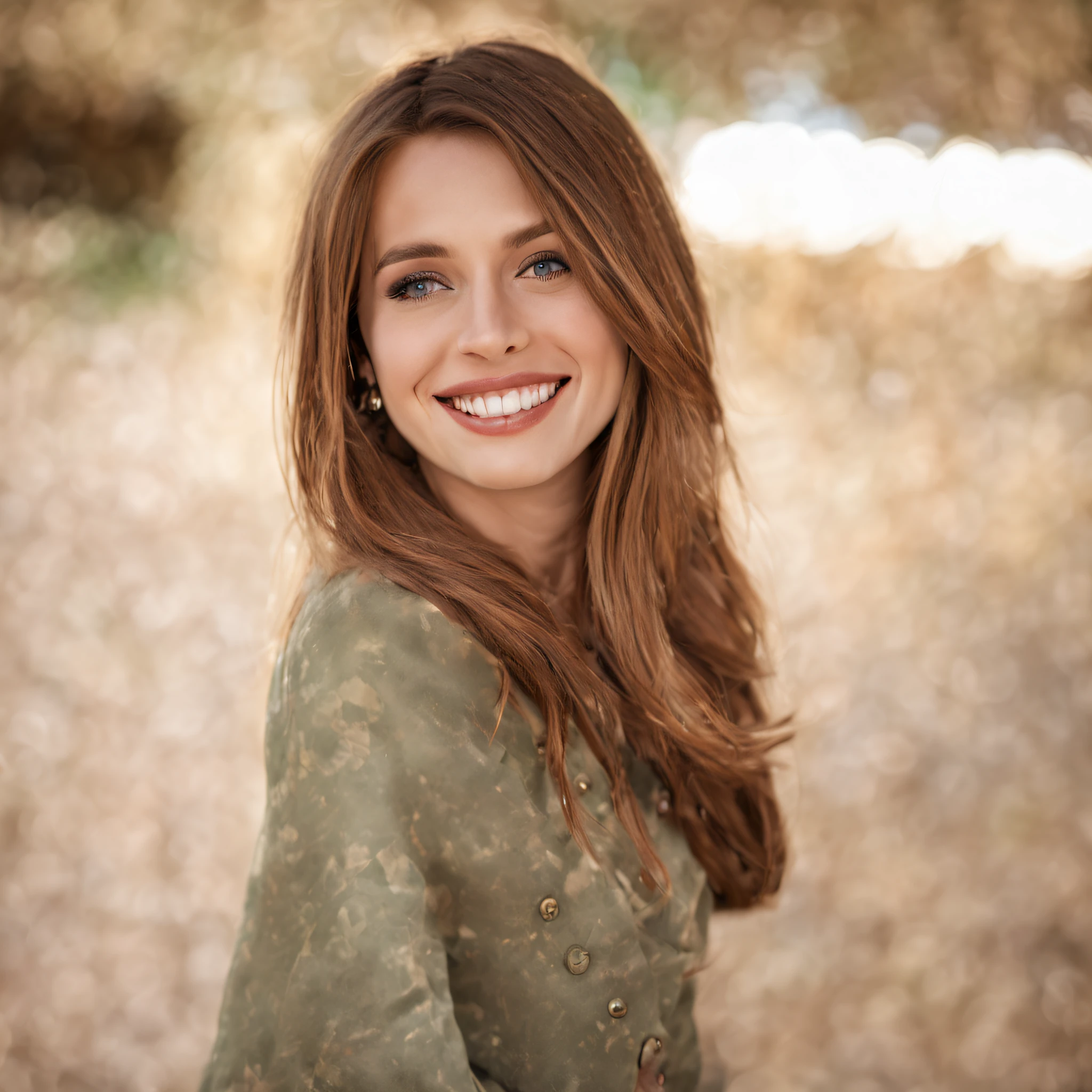 Brown hair, big eyes, smile on face, dimple, open hair, side pose, close