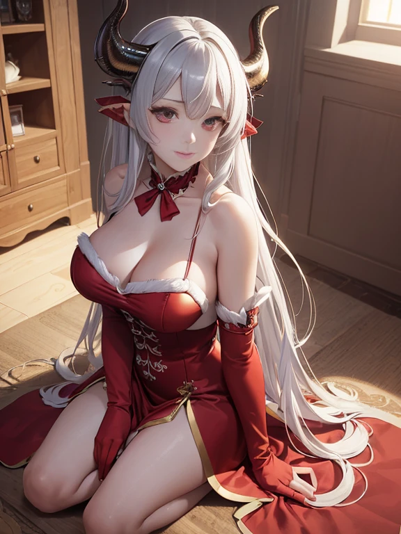 ((masutepiece))), ((Best Quality))), ((Hyper-detailing)), (High Definition CG Illustration), (Solo: 1.3), Cinematic Light, (Detailed face), (Detailed eyes), (8K Wallpaper),
 Silver-haired dragon woman sitting on a chair, Crimson Silk Gloves, Red Santa-style dress, Black suspender stockings, Giant horns, Bare shoulders, Full body, Bare legged.