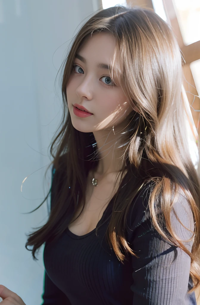 (One Girl), Turtleneck sweater, ((Big ample breasts)), ((slim, Big breasts and small waist:1.3)), ((wide hip piece, highest quality, Realistic, 超A high resolution, Depth of written boundary, (Detailed face:1.2), (Fine grain:1.2), (Detailed Background), (Tabletop:1.2), (Ultra-detailed), (highest quality), Complex, Overall Movie, photograph, (Gradation), colorful, Detailed landscape, Visual Key, Shiny skin,,