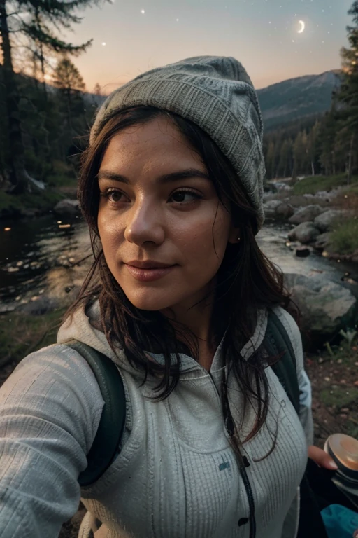 Lady holding a white printed mug, steaming coming out, mug has funny photo on it, 1 woman((upper body selfie, happy)), masterpiece, best quality, ultra-detailed,  cottage, camping, solo, outdoors, (night), mountains, nature, (stars, moon) cheerful, happy, backpack, sleeping bag, camping stove, water bottle, mountain boots, gloves, sweater, hat, flashlight, forest, rocks, river, wood, smoke, shadows, contrast, clear sky, analog style (look at viewer:1.2) (skin texture) (film grain:1.3), (warm hue, warm tone) :1.2), close up, cinematic light, side lighting, ultra high res, best shadow, RAW, mug has one handle,