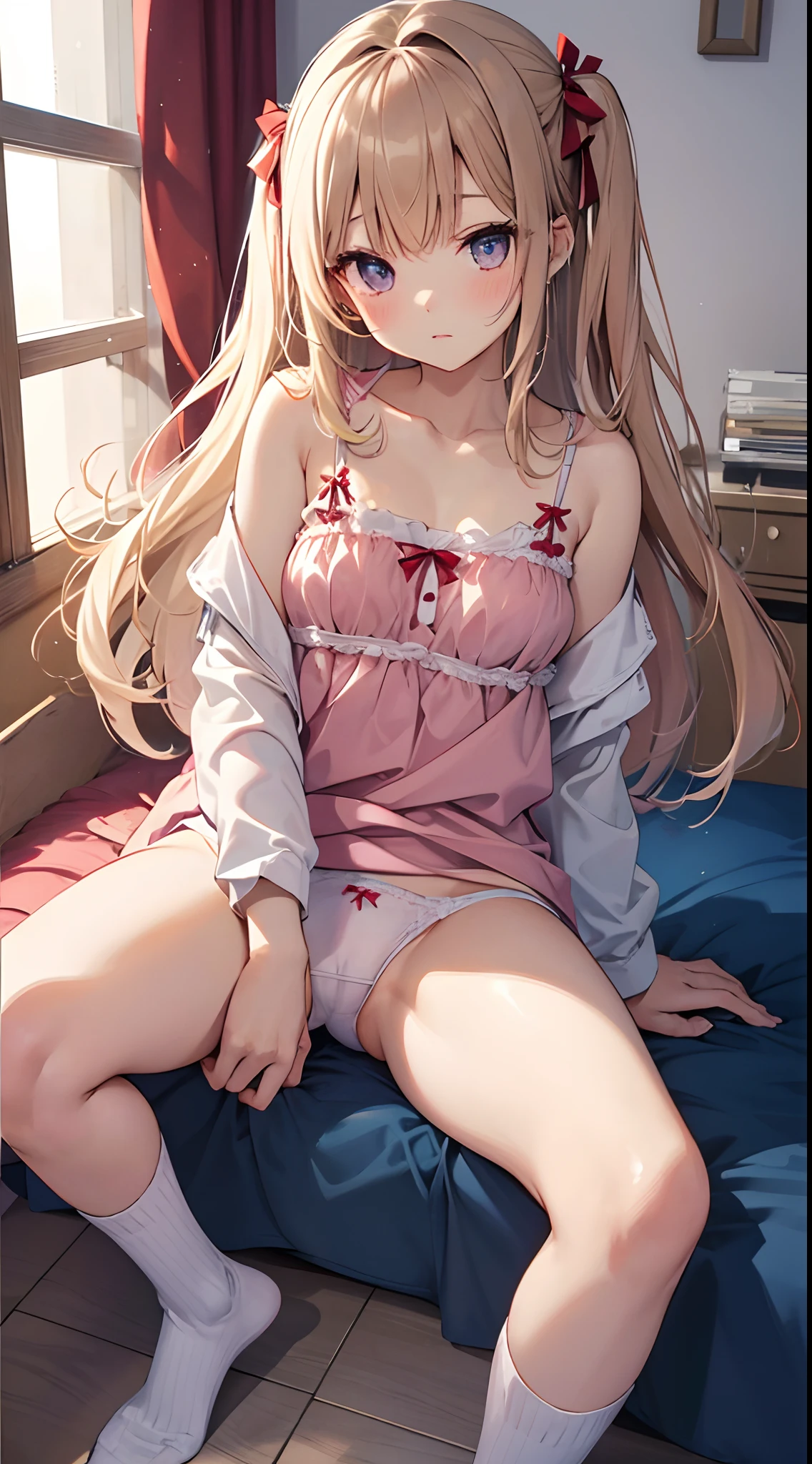 ar old、Height 160cm、beautifly、cute little、Anxious face。1 female。a blond。Brown-eyed。Longhaire。Matching bangs。Pale pink lipstick。Small white camisole。undergarment:only panties。Dark blue long high socks。Small red ribbons on both sides of her hair。Warm lighting。top-quality、hight resolution。rug。girl's own room。She is lying in bed。legs are open。hand on the breasts。look at a camera。