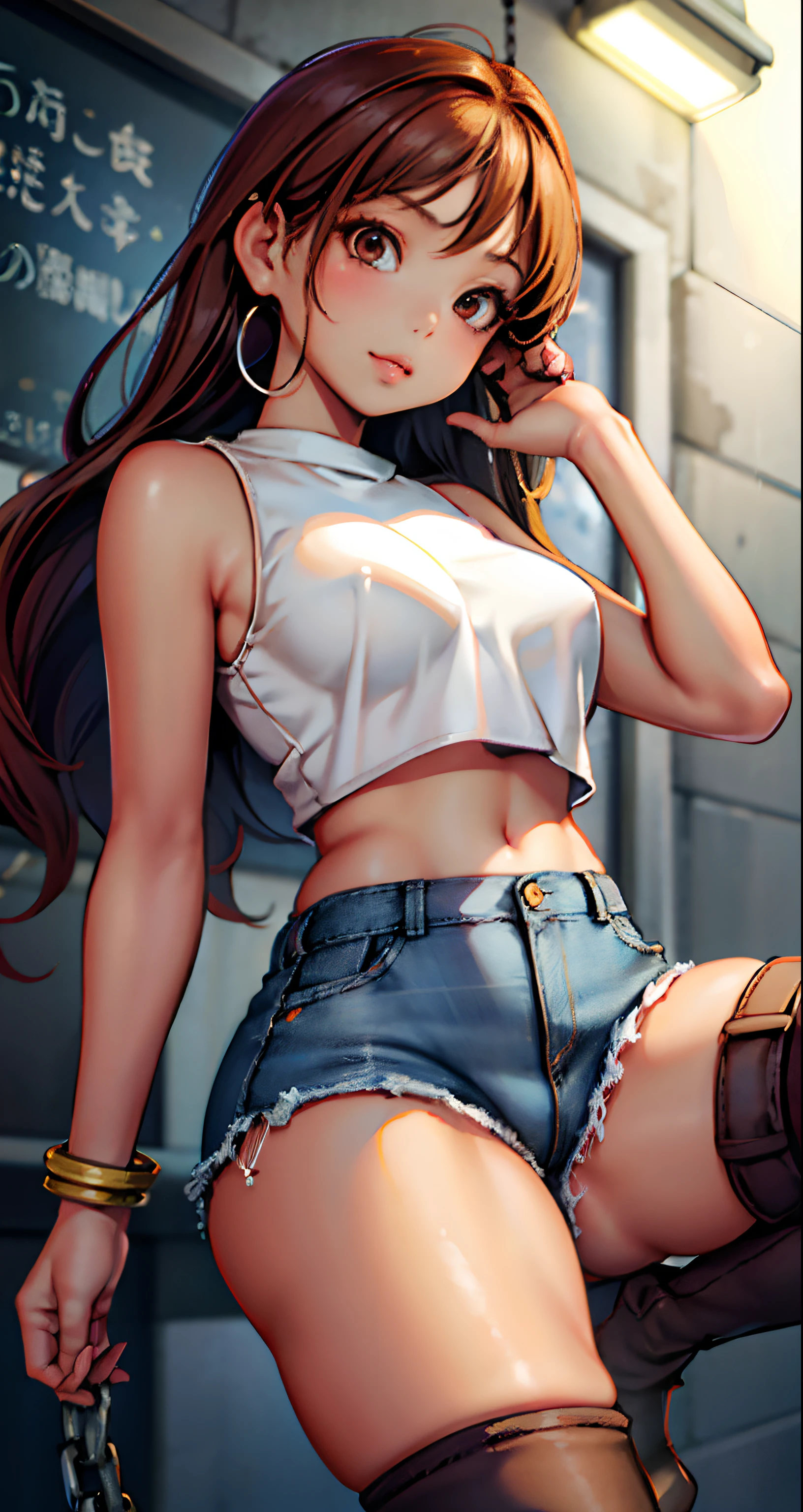 masterpiece, best quality,1girl, young girl ,brown eyes, long hair, ginger hair, shiny_skin, thick_thighs, thin_waist, huge breasts, white crop top, denim shorts, knee-high_boots, pearl_drop_earrings, chain_bracelet, pantyhose:1.3,crowd:1.1, depth of field,looking at viewer, dynamic angle