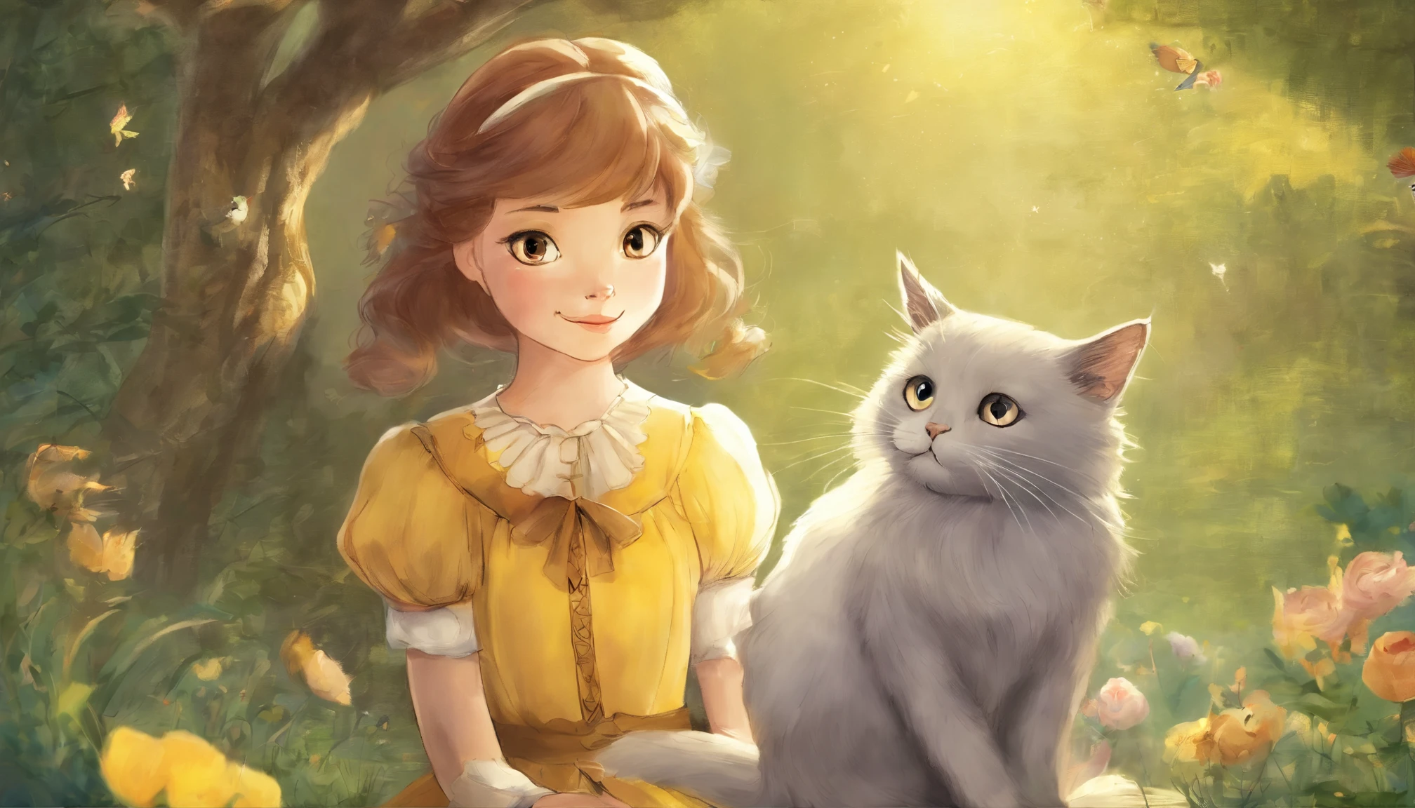 Meet in a sunny park、A girl and a cat staring at each other Girls at the 、I have chestnut hair The cat has a light gray color Fantastic and happy feelings The overall design is classic.、The color is dark yellow Picture book illustrations