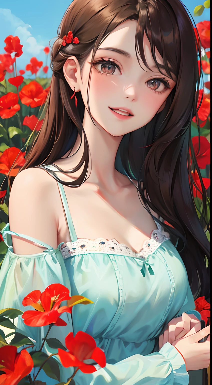 A smart and exotic brunette beauty，In a sea of red flowers，Beautiful laughter，looks into camera，Delicate facial features，oil painted