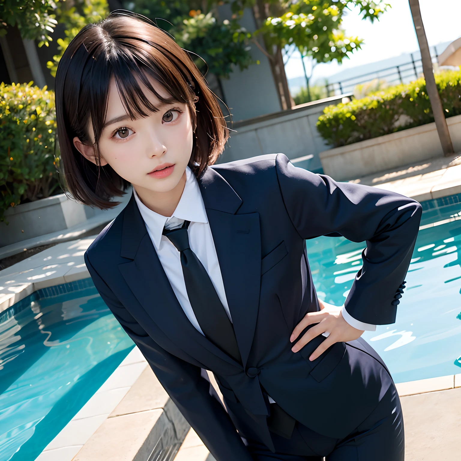 (masutepiece, Best Quality:1.2), 8K, Official art, Full body photo, full body Esbian、Fasten your tie、in poolside、turned around、Suits、Embarrassing black hair、years、small tits、Happy、unbelievable Ridiculous, (Upper body, Dark blue suit:1.4), Beautiful Girl, Pretty Face, arching back down, cute panty、Gold hair ornament on hair、Wearing a cute suit、close up, Wearing a suit, Short sleeve, gardenia, violaceaess, Teen, in poolside, Looking at Viewer, Film grain, chromatic abberation, Sharp Focus, face lights, Dynamic lighting, Cinematic lighting, Eyes and faces with detailed, Bokeh background, (Tie with Emma written on it、1 copy:1.2)
