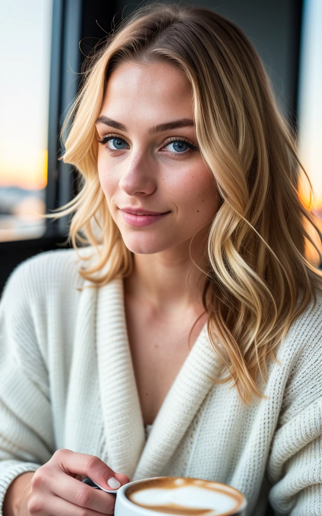 cute beautiful blonde wearing yellow sweater (drinking coffee inside a modern cafe at sunset), very detailed, 21 years old, inoccent face, natural wave hair, blue eyes, high-res, masterpiece, best quality,intricate details, highly detailed,sharp focus, detailed skin,realistic skin texture,texture, detailed eyes, professional, 4k, charmer smile, shot on Canon, 85mm,shallow depth of field,kodak vision color, perfect fit body, extremely detailed, photo_\(ultra\), photorealistic, realistic, post-processing, max detail, roughness, real life, ultra realistic, photorealism, photography, 8k uhd, photography