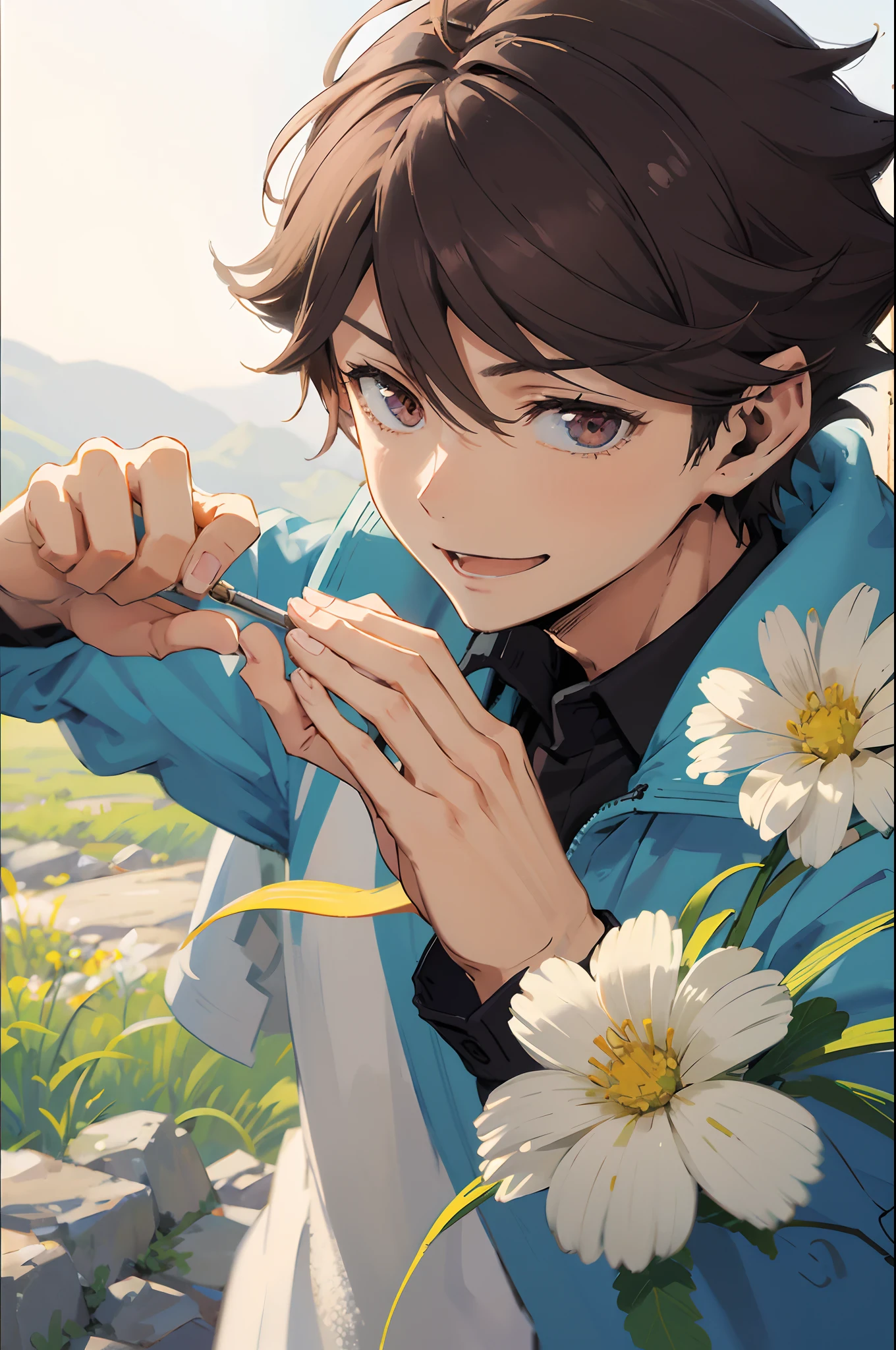 1p ,male focus, 1 boy standing on mountain path, solo focus, happy feeling, beautiful eyes, masterpiece, cinematic lighting, perspective, vibrant colours, gentle feeling, soft feeling, softness, warm feeling, comfortable feeling, oikawa tooru, 1 boy, looking at viewer, holding flowers, close up, soft smile, laughing, perfect hands, warm feeling, scenery