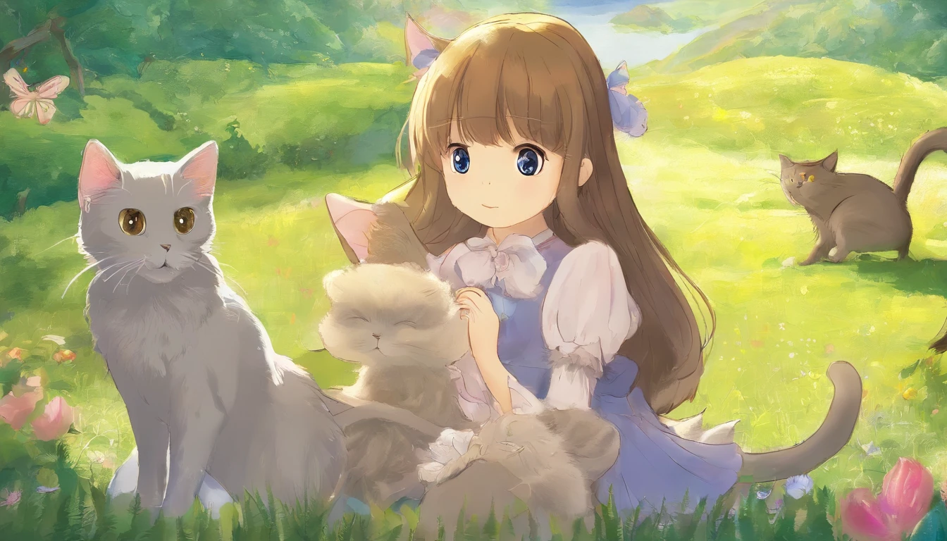 Meet in a sunny park、A girl and a light gray cat staring at each other 10years old girl、I have chestnut hair Fantastic and happy feelings The overall design is classic.、The color is dark yellow Picture book illustrations