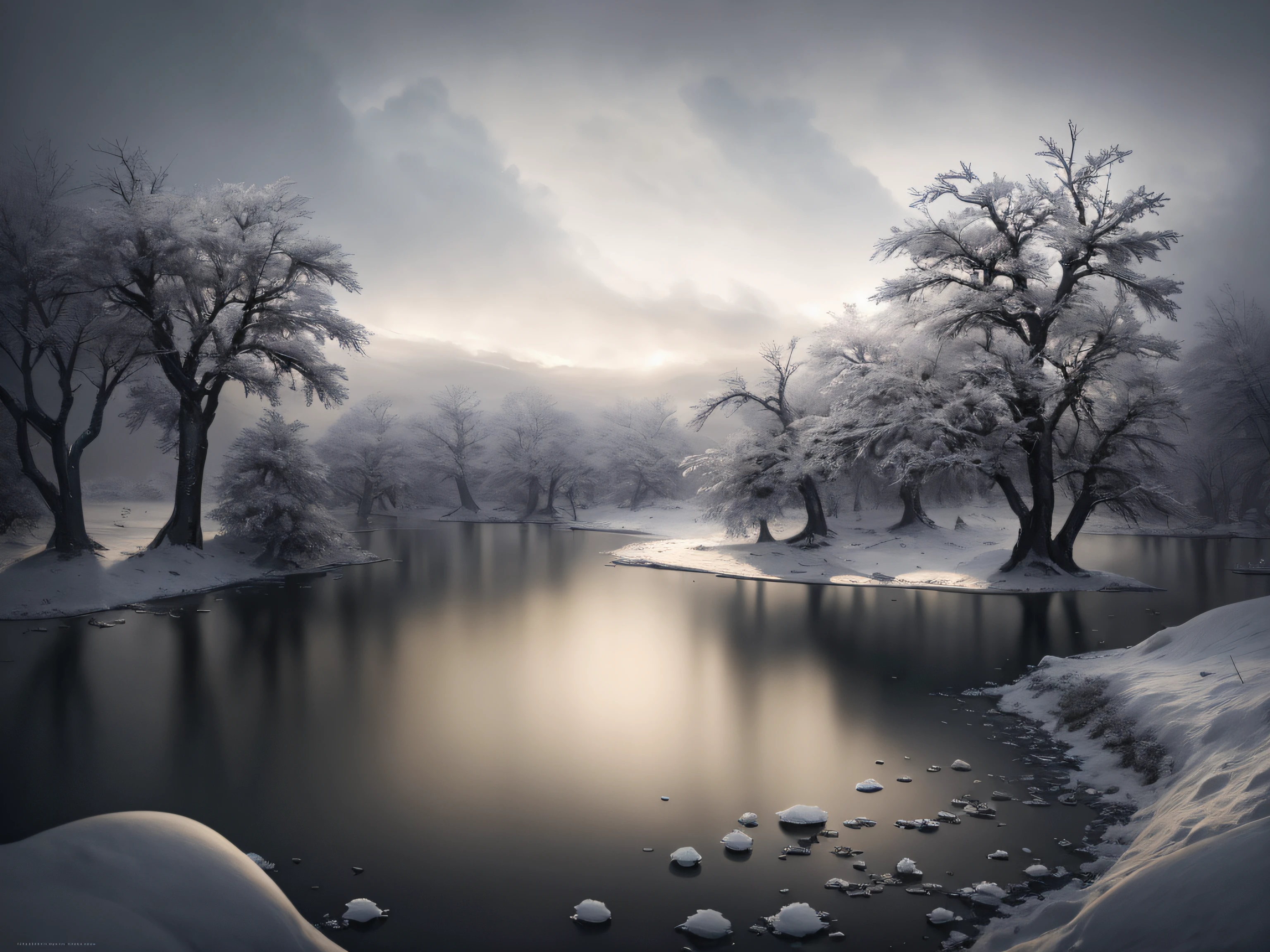 After the war, Dead Silent Landscapes, Game of Thrones, Winter coat, winter, heavy snowfall, En plein air, Smoke and War, Gloomy, Gloomy sky, landscape, Frozen water, Withered trees, award-winning photo, bokeh, Depth of field, HDR, bloom, Color aberration, Realism, Very detailed, trends on ArtStation, Trends on CGSociety, Intricate, high detail, dramatic, intermediate art, Cinematic lighting, Verism, UHD, 16k, Best Quality, hiquality, hight resolution, Masterpiece, super detaill