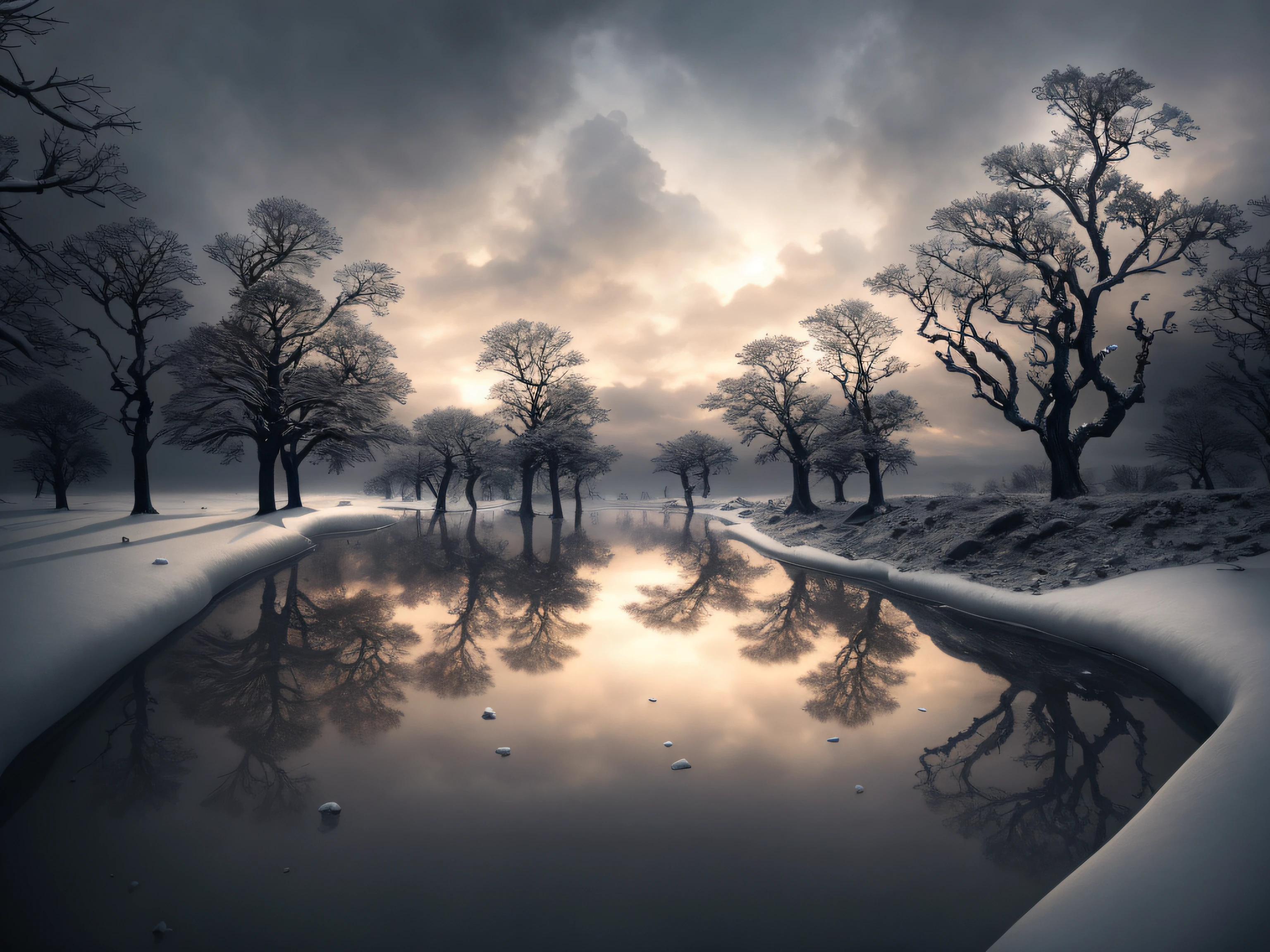 After the war, Dead Silent Landscapes, Game of Thrones, Winter coat, winter, heavy snowfall, En plein air, Smoke and War, Gloomy, Gloomy sky, landscape, Frozen water, Withered trees, award-winning photo, bokeh, Depth of field, HDR, bloom, Color aberration, Realism, Very detailed, trends on ArtStation, Trends on CGSociety, Intricate, high detail, dramatic, intermediate art, Cinematic lighting, Verism, UHD, 16k, Best Quality, hiquality, hight resolution, Masterpiece, super detaill