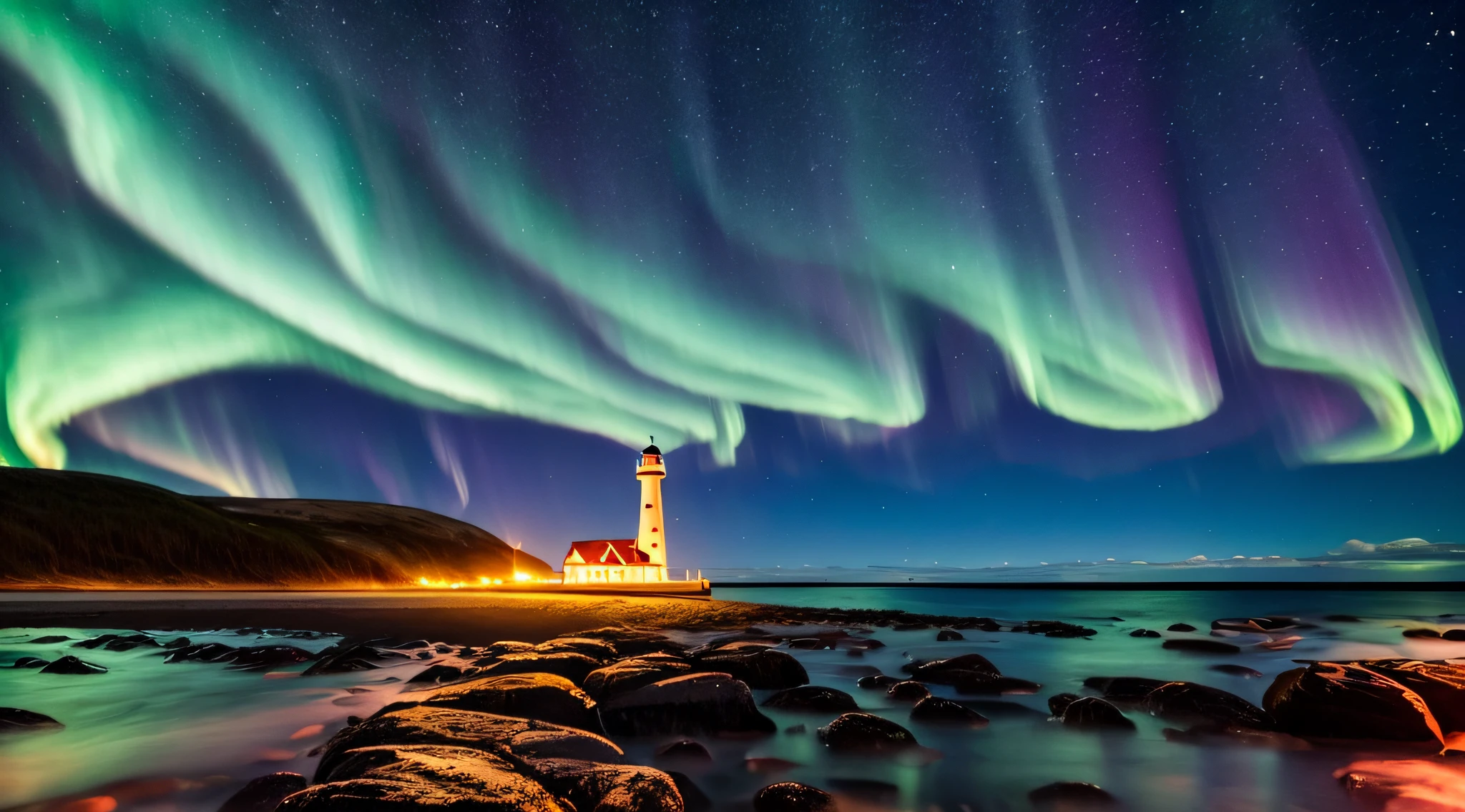 A single old red and white lighthouse on a deserted beach at night, coast of Norway, very dark moonless sky, a beautiful northern lights with vibrant colors, 4k, highly detailed, richly detailed lighthouse, intricate details