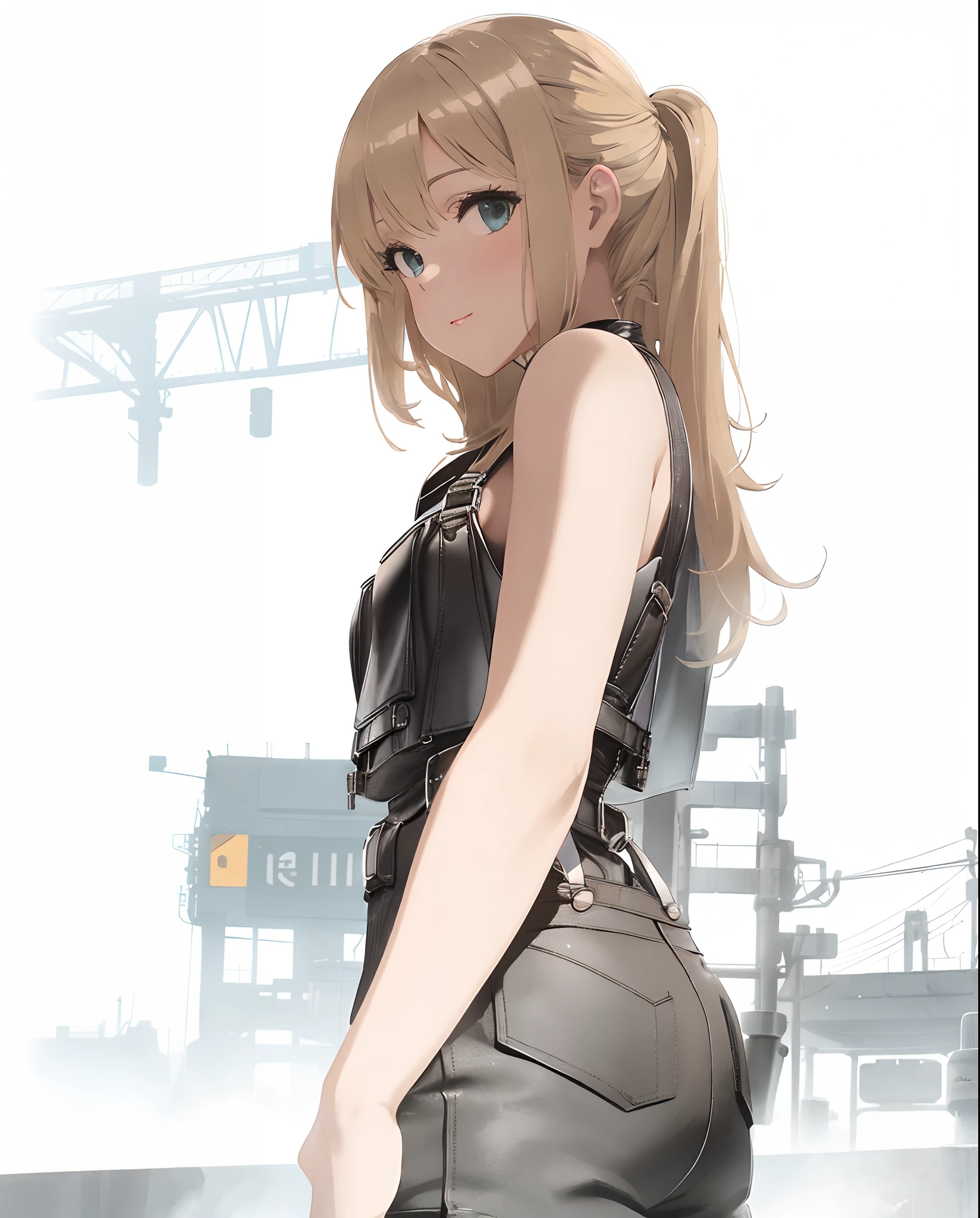 blond woman in black leather overalls posing for a picture, cyberpunk style outfit, wearing a camisole and boots, wearing black camisole outfit, leather top, in a leather corset, casual pose, aurora aksnes, wearing a sexy cropped top, vests and corsets, dieselpunk look, aleksandra waliszewska, brown corset