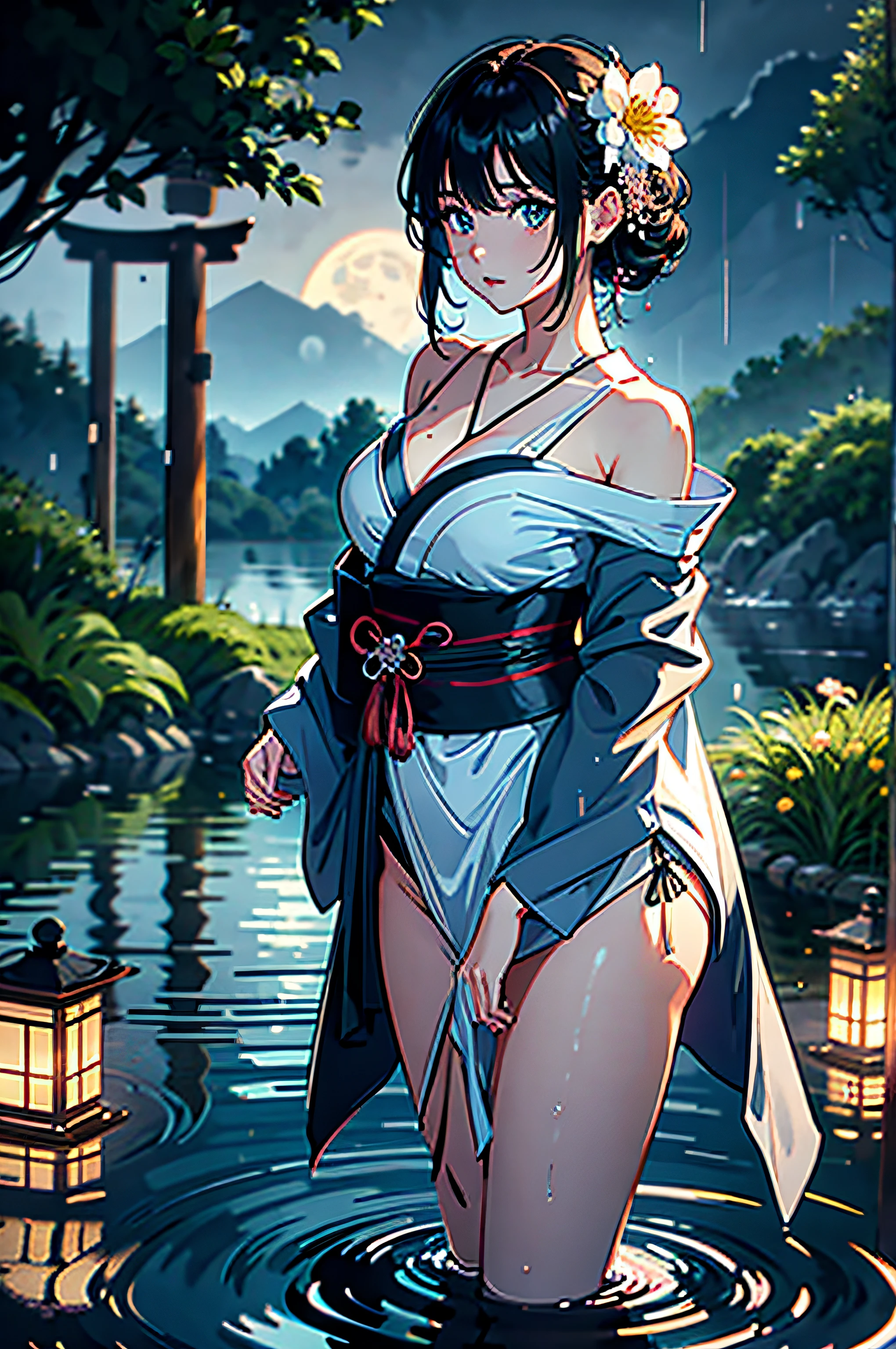 1girl, breasts, moon, lantern, night, solo, large breasts, hair ornament, wet, kimono, japanese clothes, wading, water, hair flower, flower, outdoors, sky, full moon, rain, black hair, off shoulder, mountain, cloud, holding, sash, bare shoulders, paper lantern, standing, white kimono, night sky, sideboob, obi, wet clothes, bangs, tree, from side, reflection, short hair, cloudy sky, wet hair (((masterpiece),(extremely detailed CG unity 8k wallpaper),best quality,,solo,1girl,cinematic lighting,detailed background,beautiful detailed eyes,bright pupils, (an extremely delicate and beautiful),(Beautiful and detailed eye description), ultra-detailed,masterpiece,)),