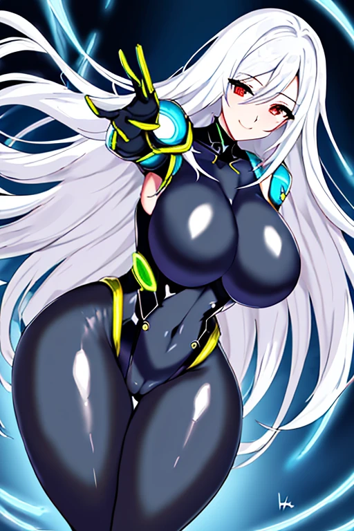 Anime style, large breasts, breasts, wide hips, thick thighs, hourglass figure, white hair, long hair, red eyes, bodysuit, black bodysuit, blue neon trim, neon trim, pantyhose, shoulder armor, futuristic, science-fiction, machinery, tech, black clothes, blue lines, ornament, light smile, smile, happy