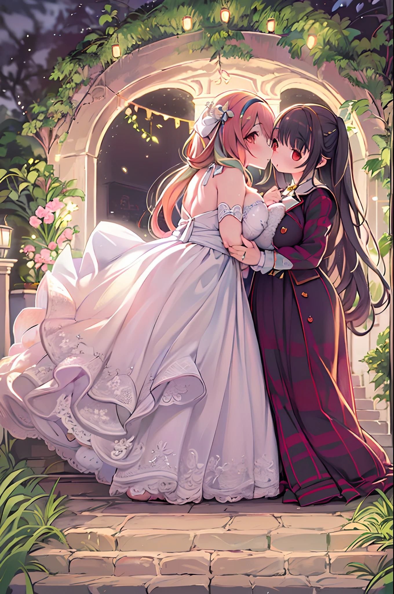 (Best Quality, High Definition, masutepiece:1.2,), Illustration, Night, 2girls, Full body, (wedding dress), arm behind back, Waiting for a kiss, Looking at Viewer, Happy, blush,lesbian、Girls to girls、huge-breasted、bbw