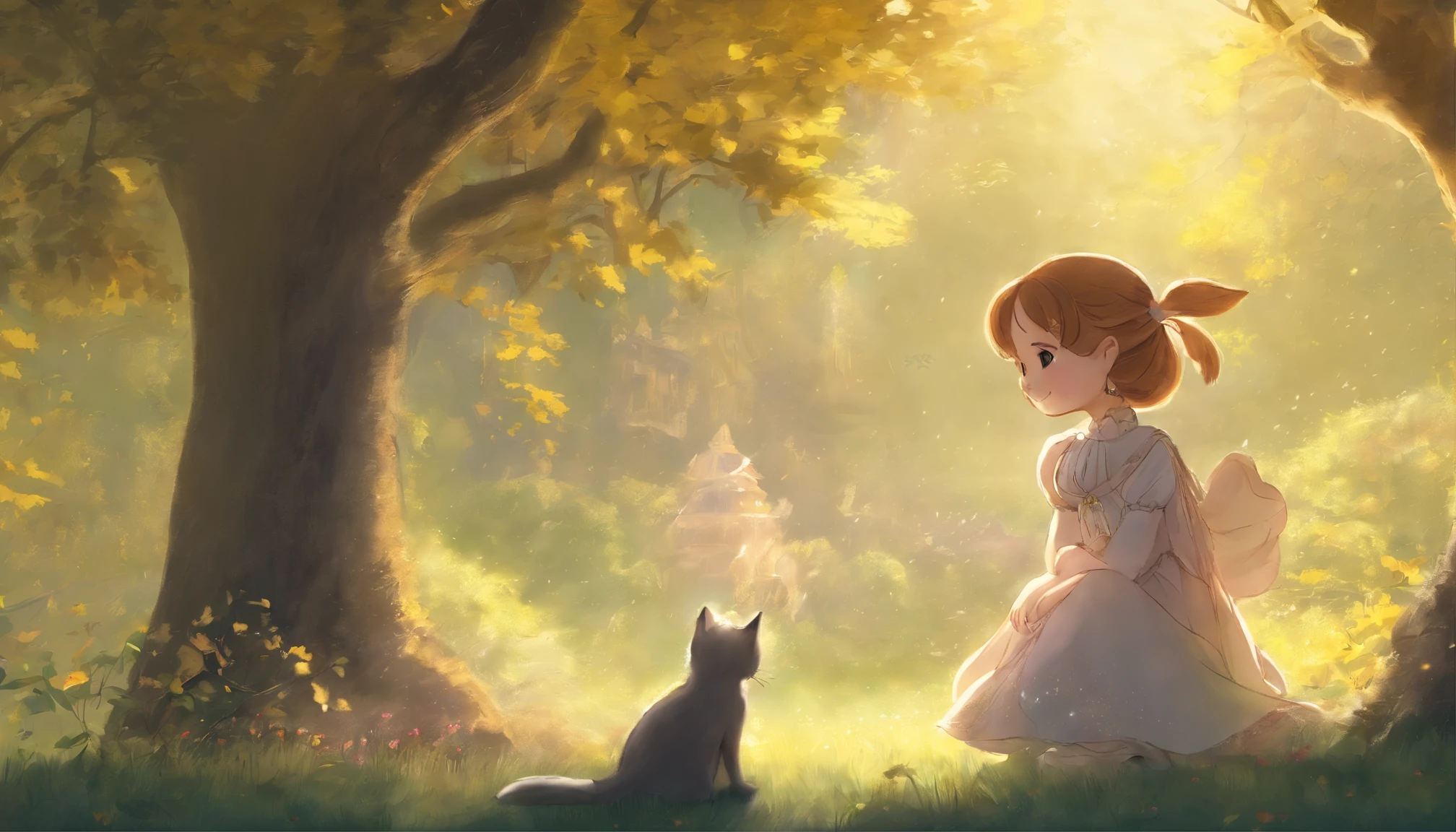 Meet in a sunny park、A girl and a light gray cat staring at each other 10years old girl、I have chestnut hair Fantastic and happy feelings The overall design is classic.、The color is dark yellow Picture book illustrations