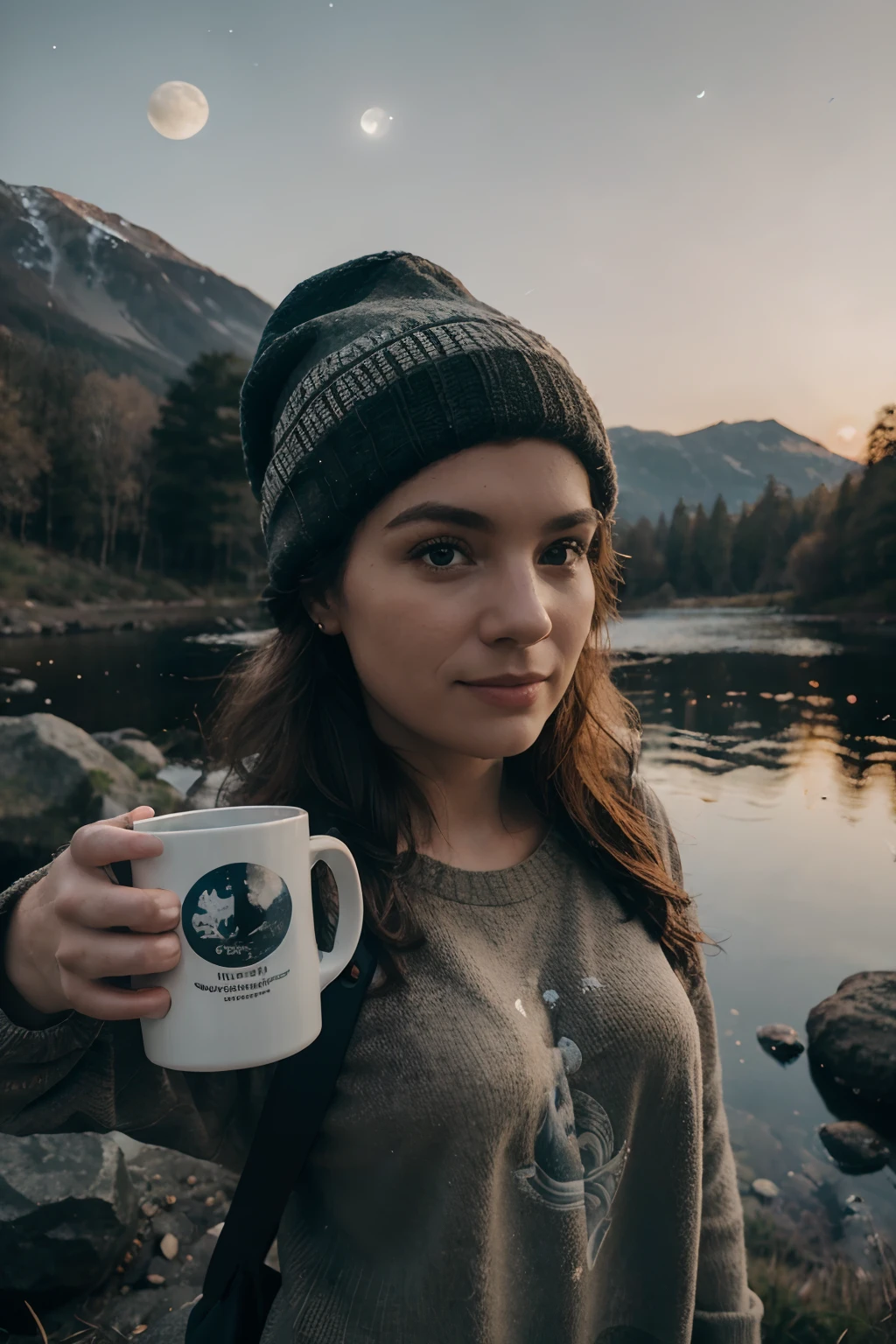 Lady holding a white printed mug, steaming coming out, mug has funny photo on it, 1 woman((upper body selfie, happy)), masterpiece, best quality, ultra-detailed,  cottage, camping, solo, outdoors, (night), mountains, nature, (stars, moon) cheerful, happy, backpack, sleeping bag, camping stove, water bottle, mountain boots, gloves, sweater, hat, flashlight, forest, rocks, river, wood, smoke, shadows, contrast, clear sky, analog style (look at viewer:1.2) (skin texture) (film grain:1.3), (warm hue, warm tone) :1.2), close up, cinematic light, side lighting, ultra high res, best shadow, RAW, mug has one handle,