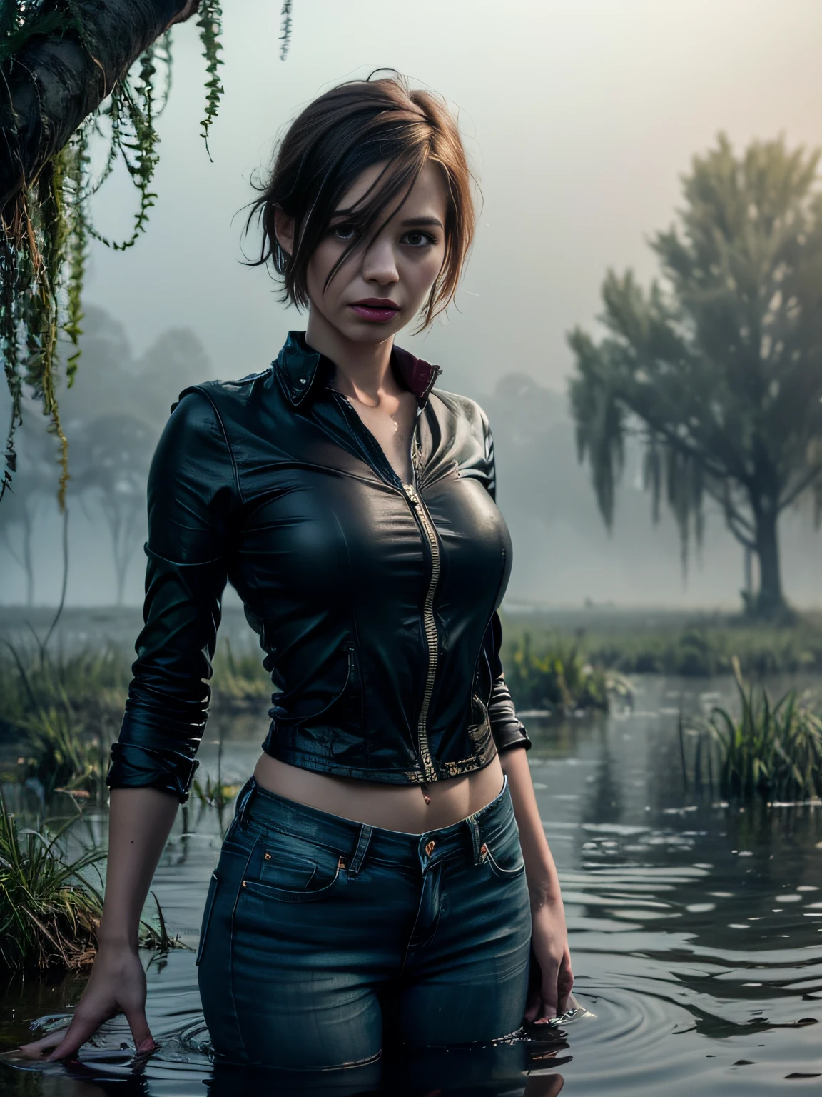 (Best Quality, hight resolution, Realistic:1.37), Detailed face and expression, The Frightened Woman, pixie cut, sickly, Worn-out appearance, Swamp environment, standingn, Seductively drowning in a swamp, Distressed flared jeans, cloudy water, Sinking Feeling, gloomy atmosphere, Foggy surroundings, dark shadows, A Surreal Touch, soft-lighting, creepy ambiance, can't cope with shame