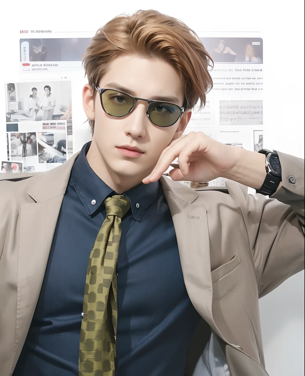Adapt this character to realistic real life, the hair color is exactly the same,Exactly the same hairstyle, realistic handsome face, realistic cool expression,Realistic swimming goggles, adapt the exact same clothes,Realistic 5 finger hands,Wearing a realistic black watch,Realistic light, realistic shadows, realistic background