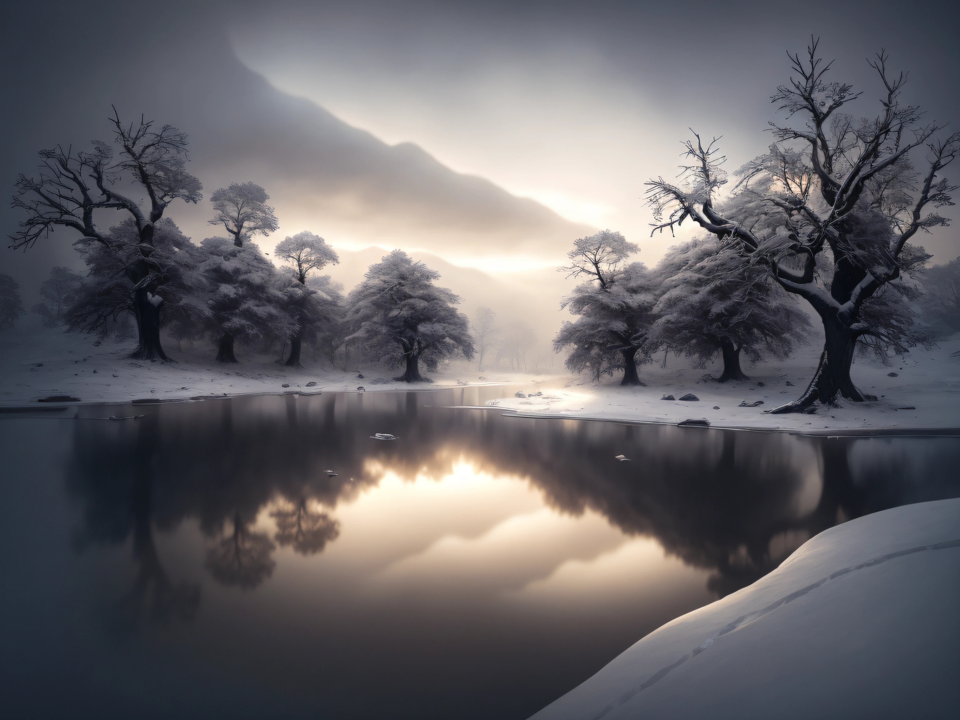 After the war, Dead Silent Landscapes, Game of Thrones, Winter coat, winter, heavy snowfall, En plein air, Smoke and War, Gloomy, Gloomy sky, landscape, Frozen water, Withered trees, award-winning photo, bokeh, Depth of field, HDR, bloom, Color aberration, Realism, Very detailed, trends on ArtStation, Trends on CGSociety, Intricate, high detail, dramatic, intermediate art, Cinematic lighting, Verism, UHD, 16k, Best Quality, hiquality, hight resolution, Masterpiece, super detaill