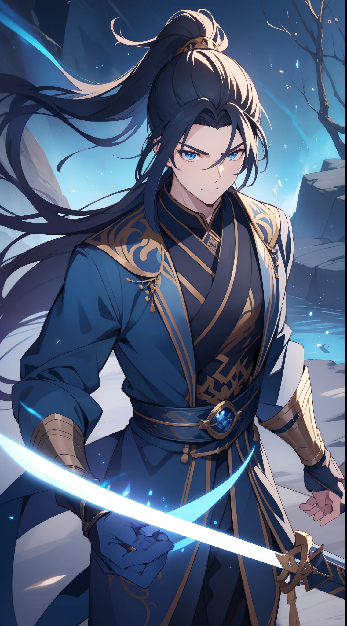 quadratic element，style of anime，mtu（Male Warrior），The proportions are correct，Face details，swordsmen，High ponytail hairstyle，Neck details，There is an Adam's apple，Blue suit，kaftan，long blue robes，clothes details，Handing over，longer sleeves，Game quality，Swordsmanship，Light and shadow tracking，Ray traching，detailed glow，cg render，hair detail，Blue long hair，blue colored eyes，Handsome，Handsome，（juvenile sense），Clothing is complicated，the woods，the night，starrysky，Perfectcomposition，Refinement，high qulity，higher details，Lots of details，The background is complex，a sense of atmosphere，