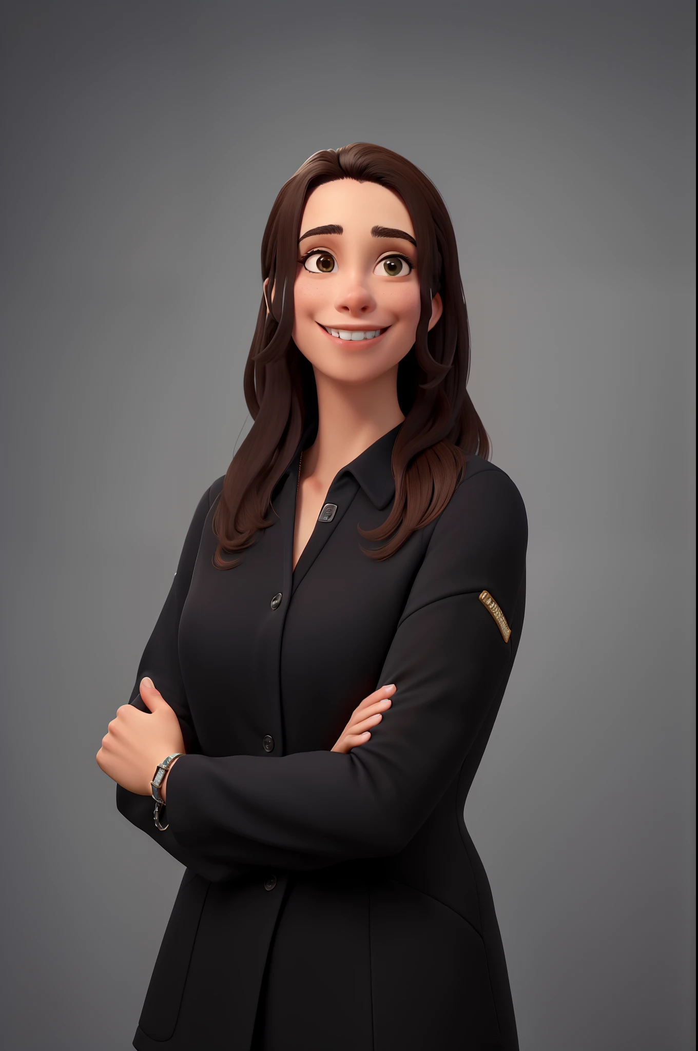 Obra-prima, de melhor qualidade, uma jovem dentista de pele branca e cabelos morenos com jaleco preto