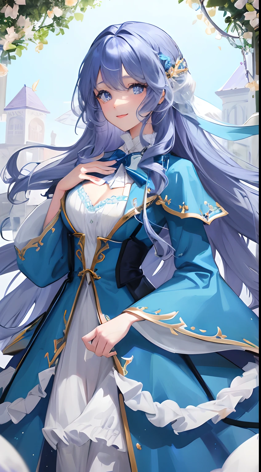 A beautiful girl stands with snowflakes fluttering、Fantastically beautiful，Lavender Manor。Girl with long blue curly hair，Nice big eyes，long eyelasher，The facial features are exquisite and beautiful，Wearing a blue coat，The picture is dreamy and beautiful，k hd，movie picture quality，Bust photo，looks into camera，Lovely smile