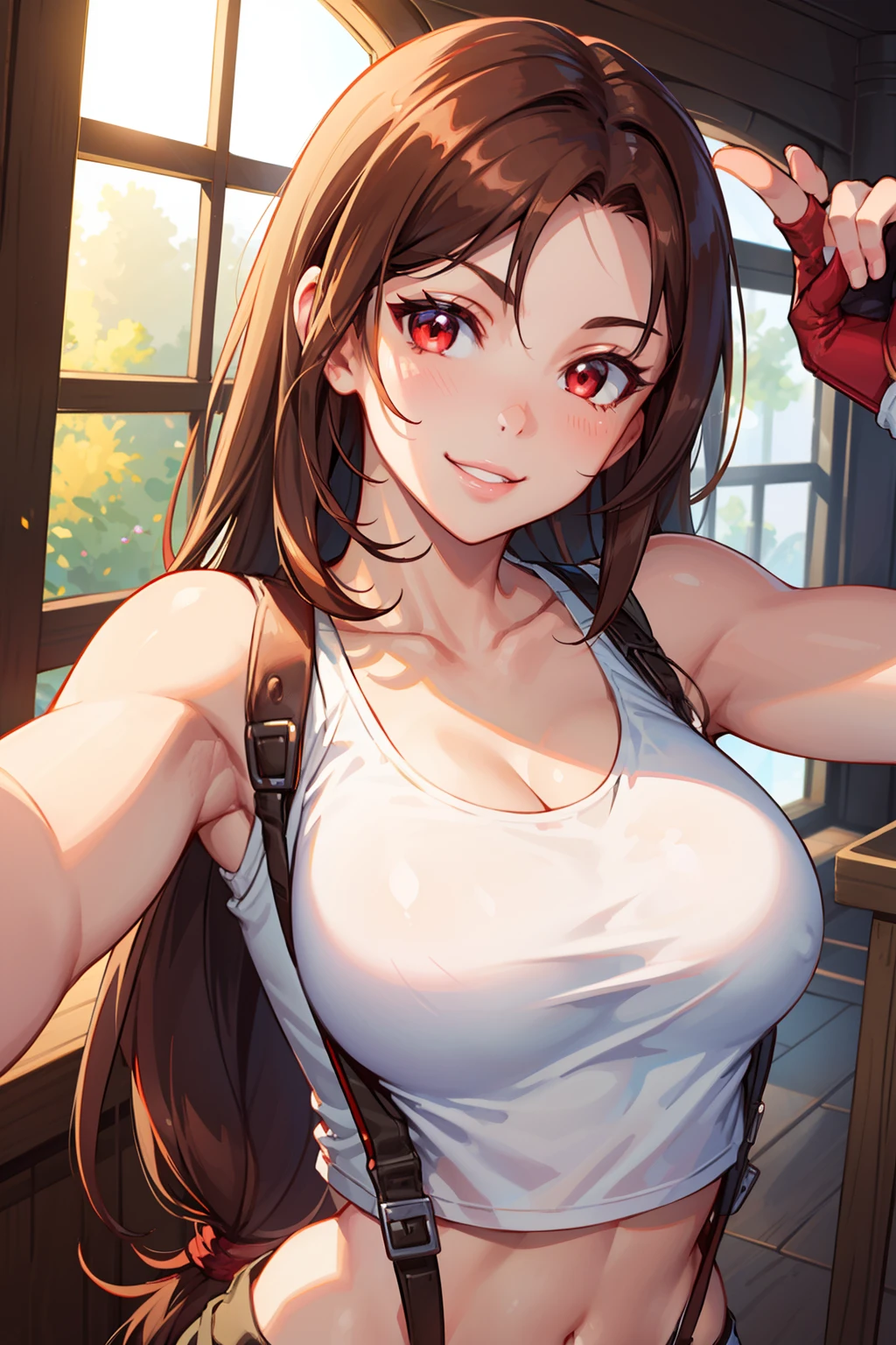 Cute smile, phone, taking selfie, brown hair, red eyes, red fingerless gloves, white tank top, glowing aura, natural light, masterpiece, Tifa Lockhart, glossy skin, juicy lips , white cropped tank top