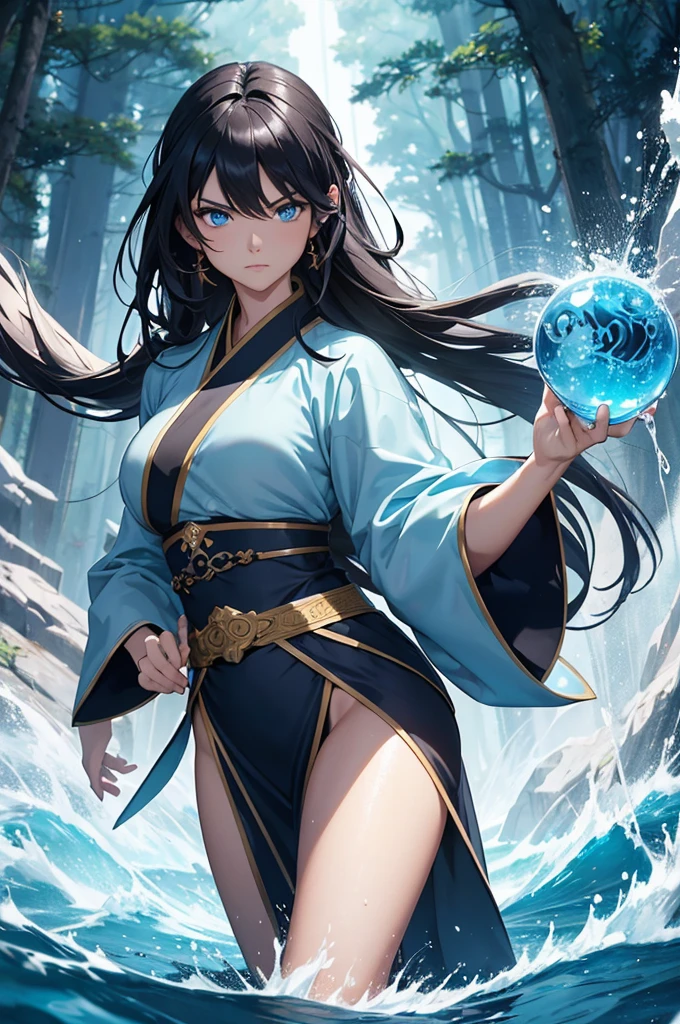 (masterpiece, best quality, highres) 1 waterbender with long black hair and blue eyes in an action pose looks ready to face her opponent. She wears a blue hanfu, golden bracelets. She is determined. Particules, forest lake, fantasy world,