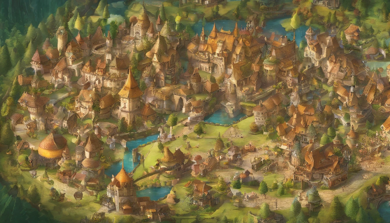 A small country town　Aerial shots　Fantastic and happy feelings　The overall design is classic.、The color is dark yellow　Picture book illustrations