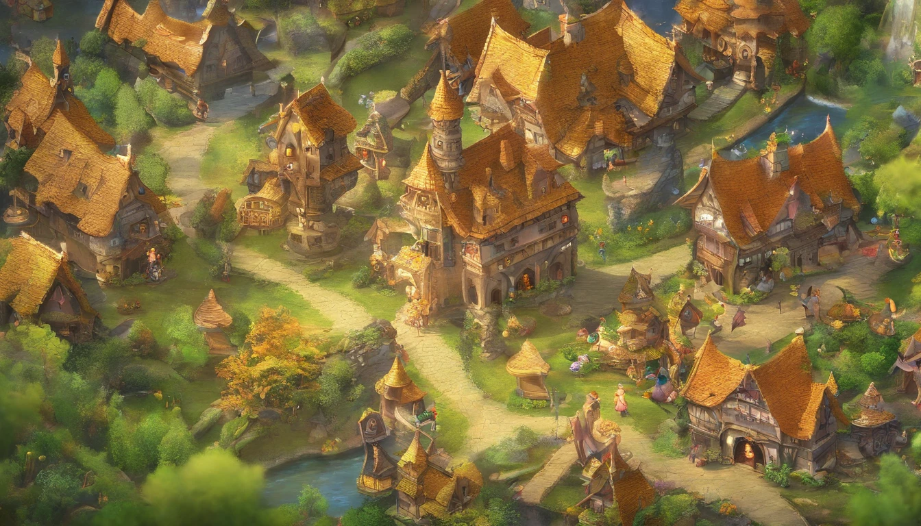 A small country town Aerial shots Fantastic and happy feelings The overall design is classic.、The color is dark yellow Picture book illustrations