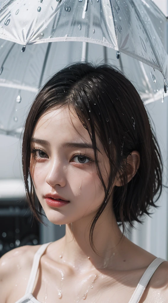 (top-quality、4k、​masterpiece:1.3)、Beautuful Women、1girl in、A sexy:1.1、dark brown  hair:1.1、(rainy wet、wet from the rain、a wet body:1.2)、white tank tops、hyperdetailed face、detailed lips、A detailed eye、二重まぶた、Photorealistic、The ultra -The high-definition、top-quality、​masterpiece