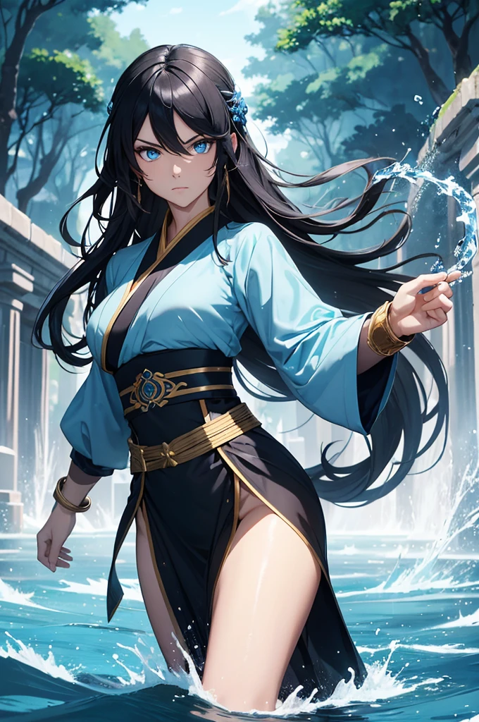 (Masterpiece, Best quality, high resolucion) 1 waterbender with long black hair and blue eyes in an action pose looks ready to face his opponent. Elle porte un hanfu bleu, Golden bracelets. It is determined. Particules, Forest Lake, Monde fantastique,