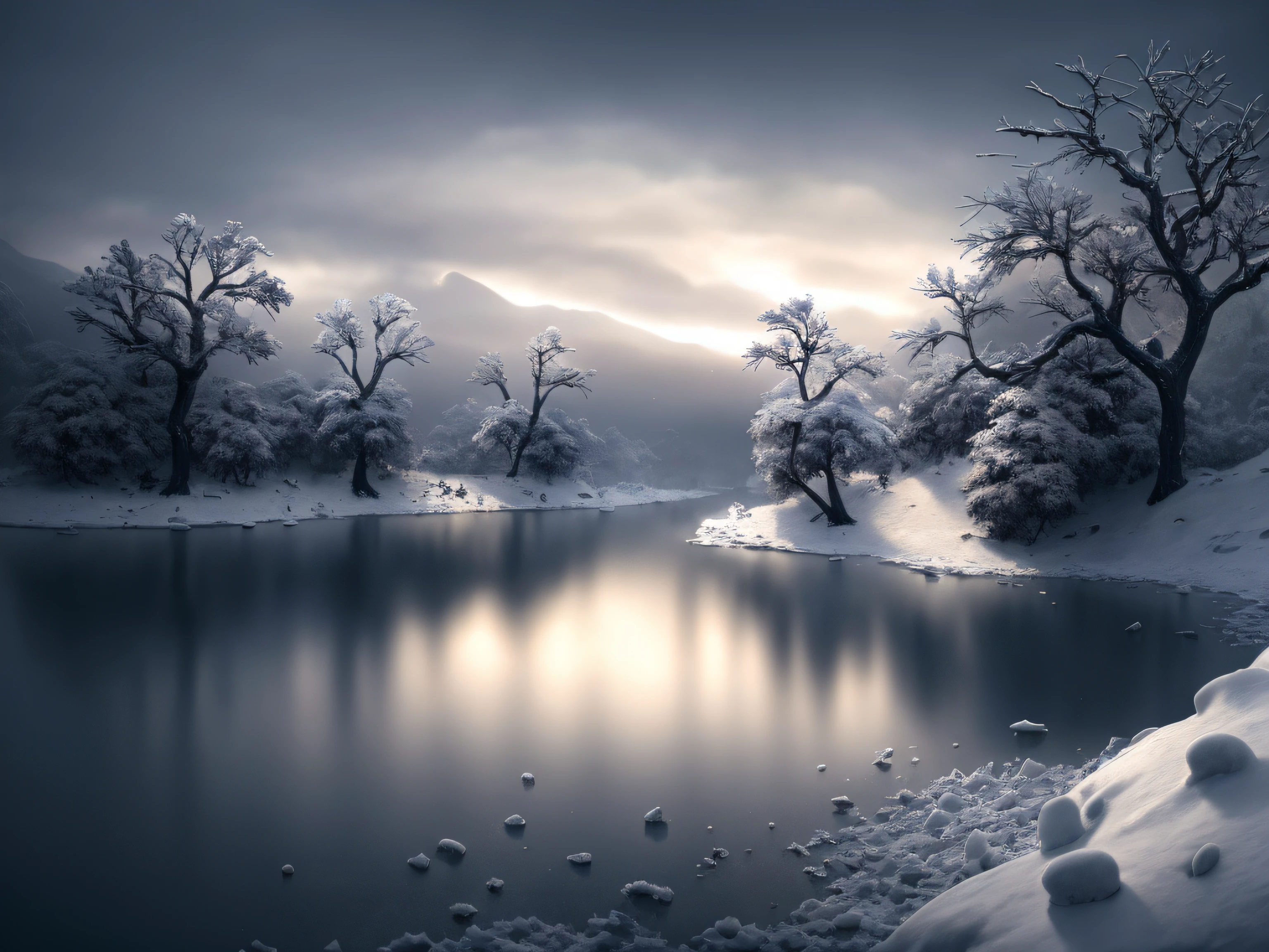 After the war, Dead Silent Landscapes, Game of Thrones, Winter coat, winter, heavy snowfall, En plein air, Smoke and War, Gloomy, Gloomy sky, landscape, Frozen water, Withered trees, award-winning photo, bokeh, Depth of field, HDR, bloom, Color aberration, Realism, Very detailed, trends on ArtStation, Trends on CGSociety, Intricate, high detail, dramatic, intermediate art, Cinematic lighting, Verism, UHD, 16k, Best Quality, hiquality, hight resolution, Masterpiece, super detaill