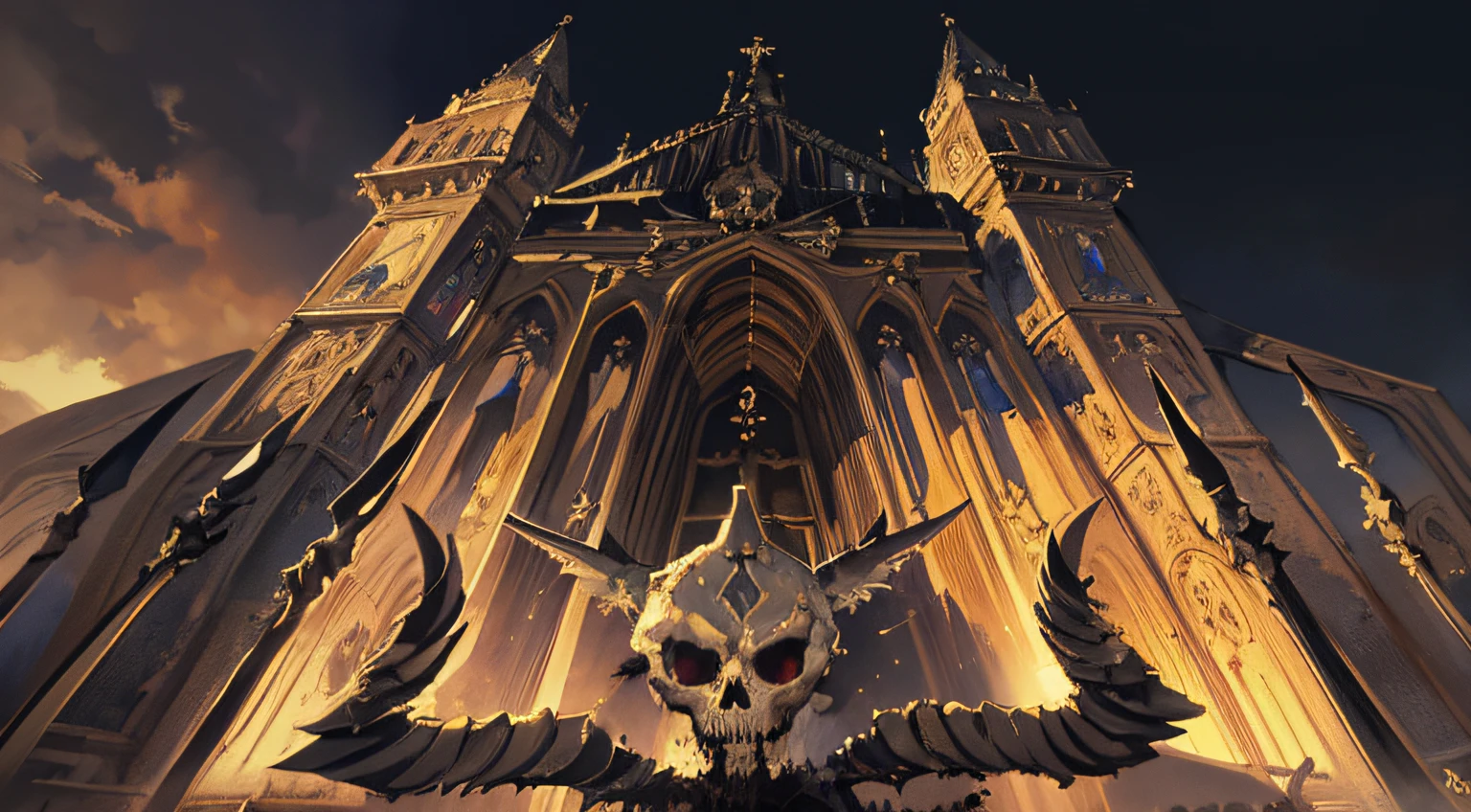 tmasterpiece，Best quality，Super fine illustration,A painting of a Gothic cathedral，Gothic epic library concept, detailed but rough, High symmetry!! concept-art, gothic church background,  cathedral background, concept art sketch, gothic cathedral, symmetric concept art,Skull decoration，stone statue，