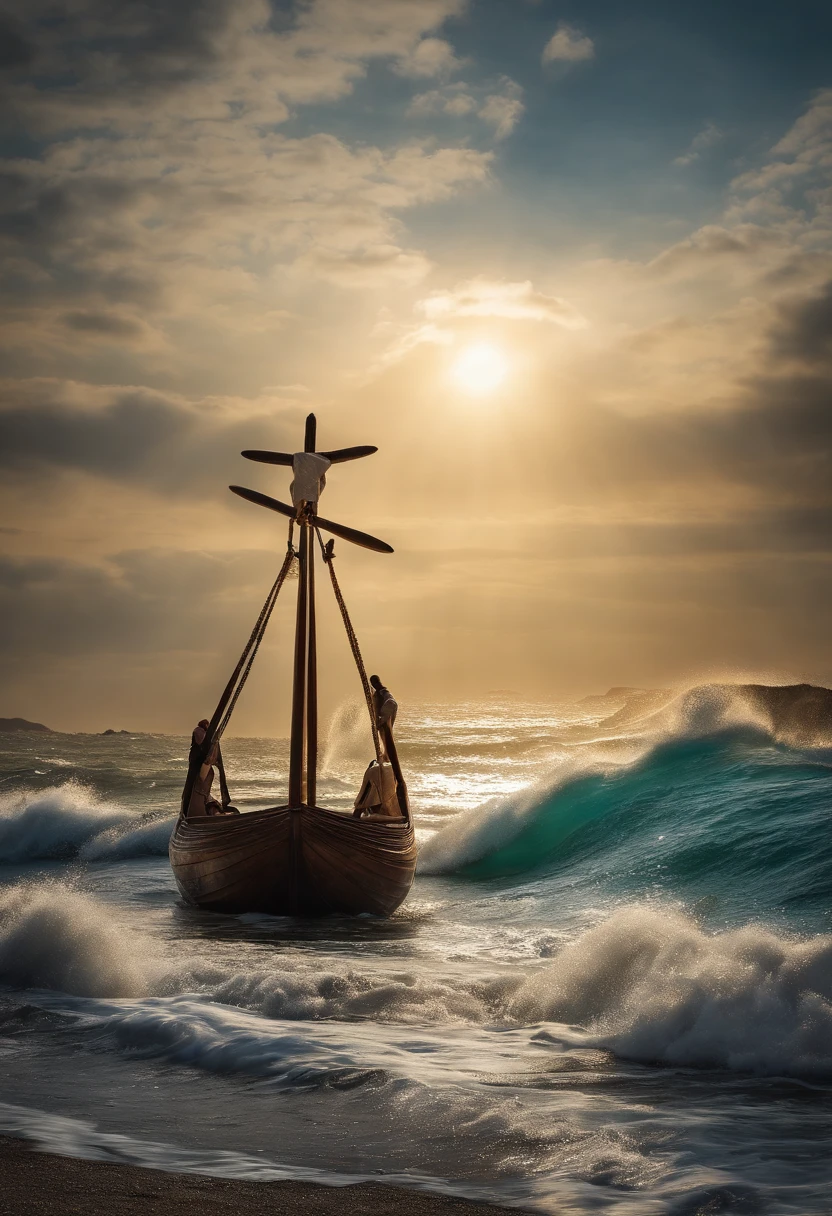 Arafed boat in the ocean with a sun setting in the background - SeaArt AI