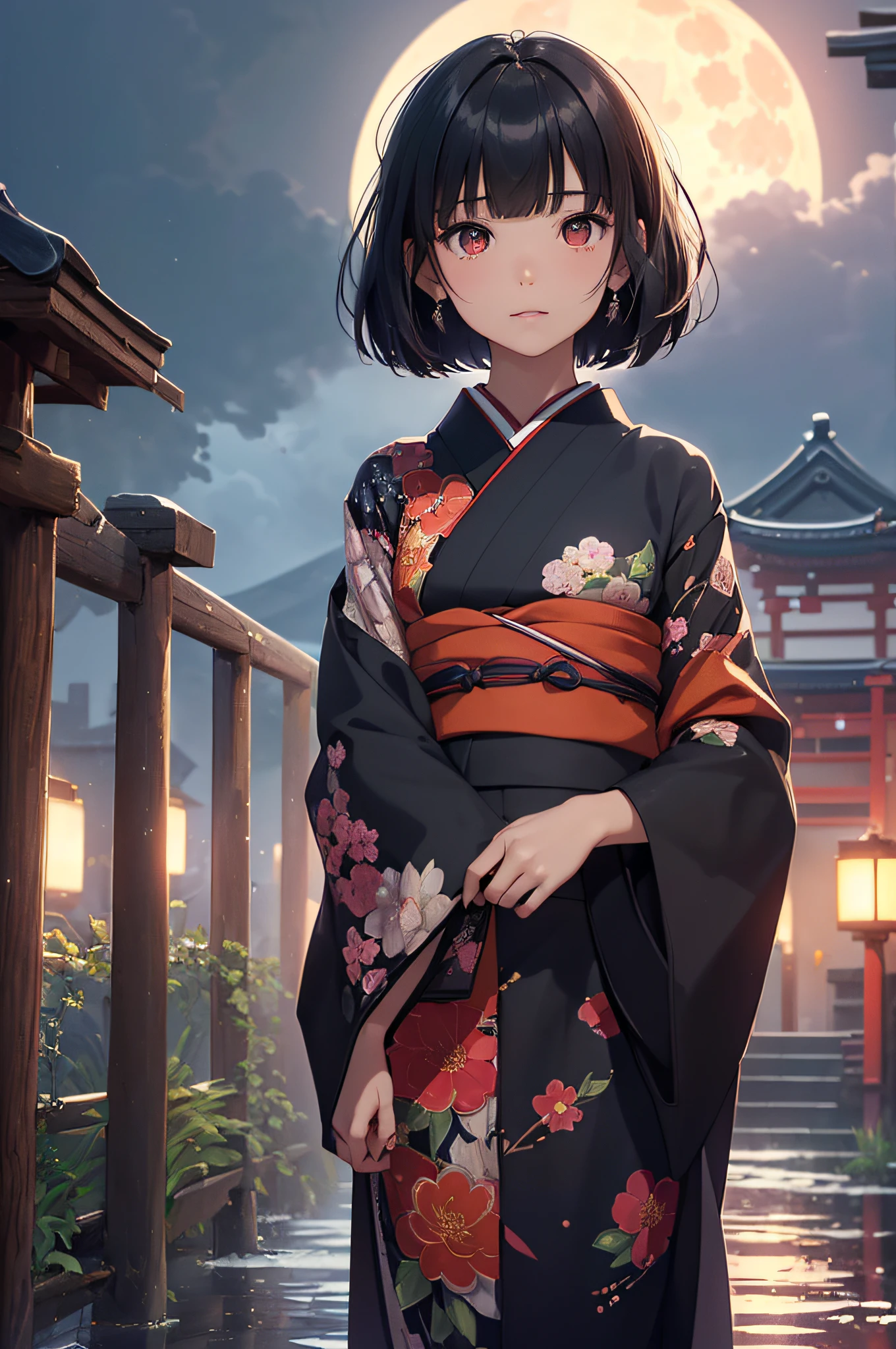 (Official art、top-quality、in 8K、masterpiece、nffsw、超A high resolution、Raw photo、Unity 8k Wallpapers、32K、masterpiece、ultra-detailliert、超A high resolution、realisitic、Photorealsitic:1.2)、(Fantastical、moonlights:1.2)、(depth of fields)、(cowboy shot:1.0)、Fireglow effect、film grains、Best Shadows、(Ultra-detailed and complex 3D rendering)、Detailed beautiful face and eyes、(super detailed skin、detailed skin textures:1.3)、Realistic pupils、Sharp pupils、A slender、Medium bust、(Full body:1.3)、( One full moon in the sky、Looking up at the moon、Looking away:1.5)、Highly detailed background、beauitful face、-yeld beiful girl、Girl like a Japan doll、shinny skin、bob cuts、Beautiful black hair、Blunt bangs、Red Eye、(Gentle look、A slight smil)、Floral kimono、Japan garden、beauty legs