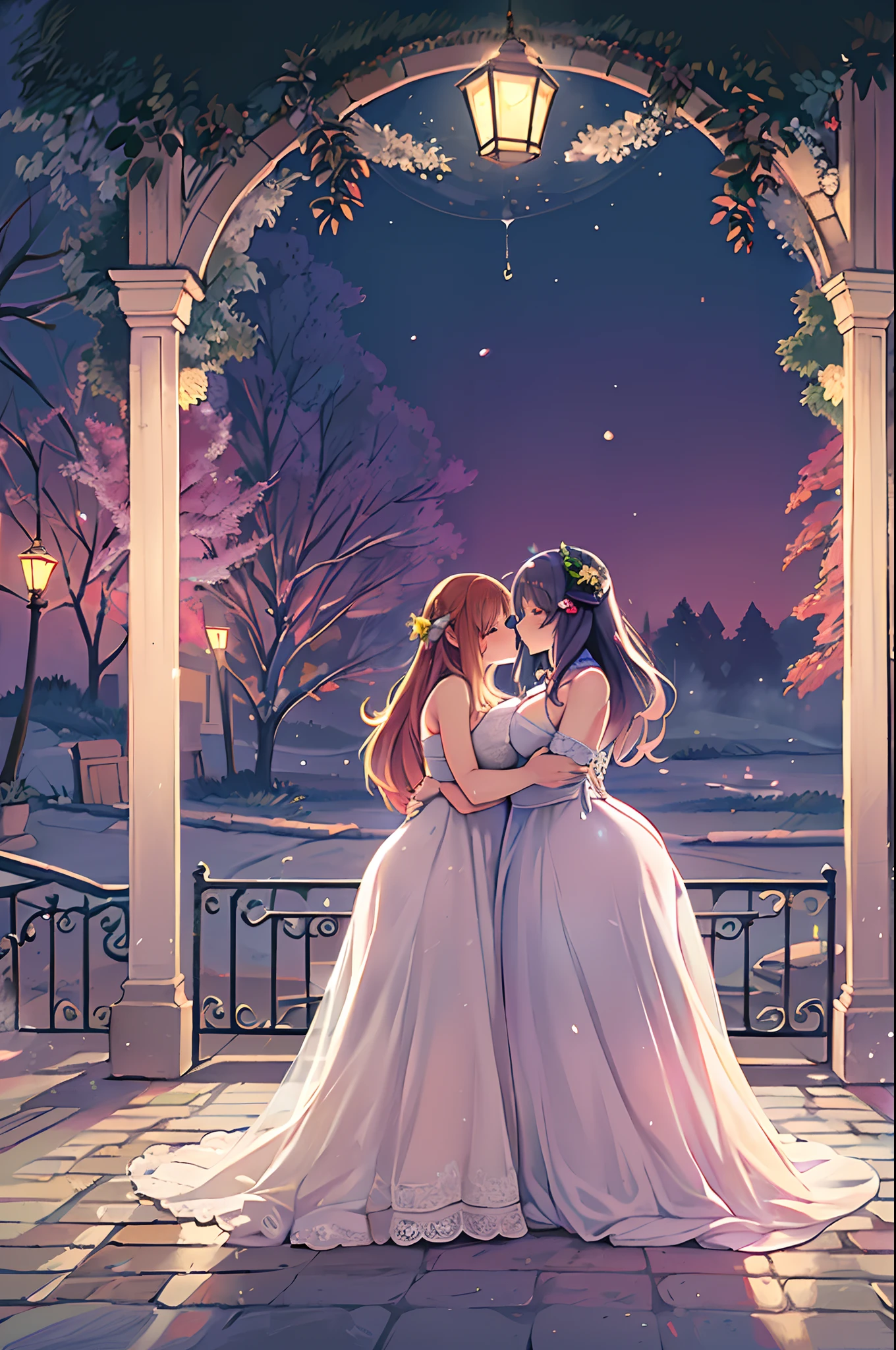 (Best Quality, High Definition, masutepiece:1.2,), Illustration, Night, 2girls, Full body, (wedding dress), arm behind back, Waiting for a kiss, Looking at Viewer, Happy, blush,lesbian、Girls to girls、huge-breasted、bbw