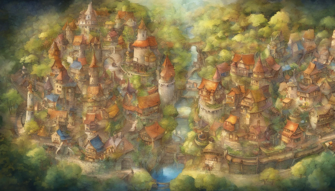 A small country town Aerial shots Fantastic and happy feelings The overall design is classic.、watercolor paiting The color is dark yellow Picture book illustrations