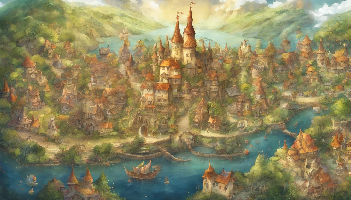 A small country town　Aerial shots　Fantastic and happy feelings　The overall design is classic.、watercolor paiting　The color is dark yellow　Picture book illustrations